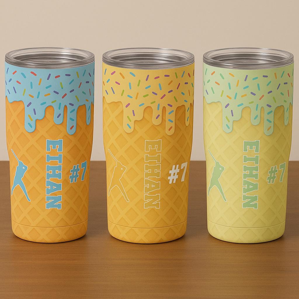 Personalized Baseball Tumbler, Custom Name Ice Cream Cone Cup for Kids, Sports Team Gift with Number, Donut Sprinkles Travel Mug