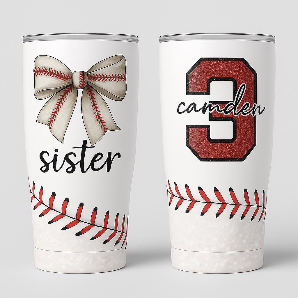 Personalized Baseball Sister Tumbler with Bow, Custom Glitter Name & Number, Game Day Sports Cup, Baseball Fan Gift for Her, Team Mom