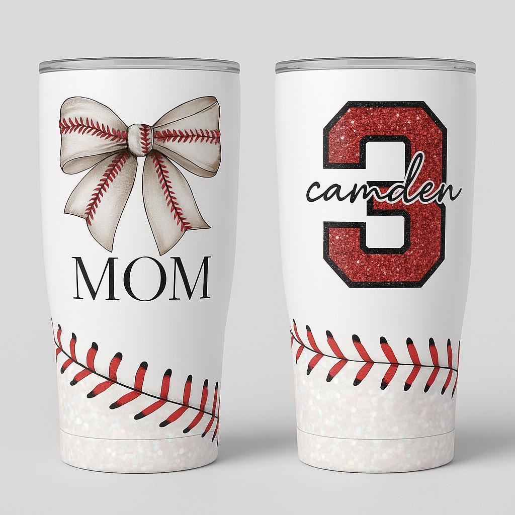 Personalized Baseball Sister Tumbler with Bow, Custom Glitter Name & Number, Game Day Sports Cup, Baseball Fan Gift for Her, Team Mom