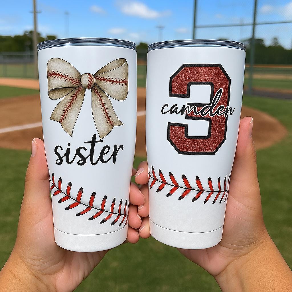 Personalized Baseball Sister Tumbler with Bow, Custom Glitter Name & Number, Game Day Sports Cup, Baseball Fan Gift for Her, Team Mom