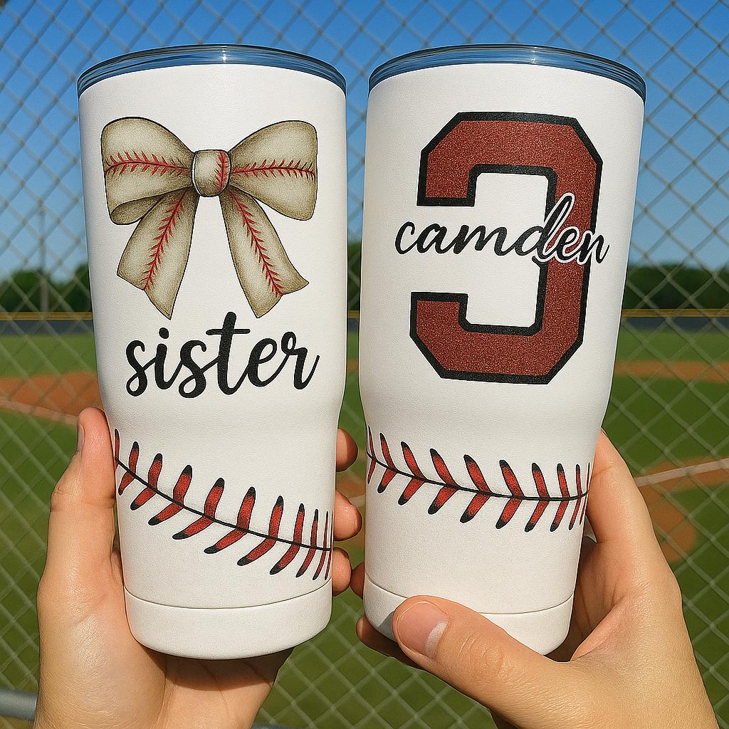 Personalized Baseball Sister Tumbler with Bow, Custom Glitter Name & Number, Game Day Sports Cup, Baseball Fan Gift for Her, Team Mom