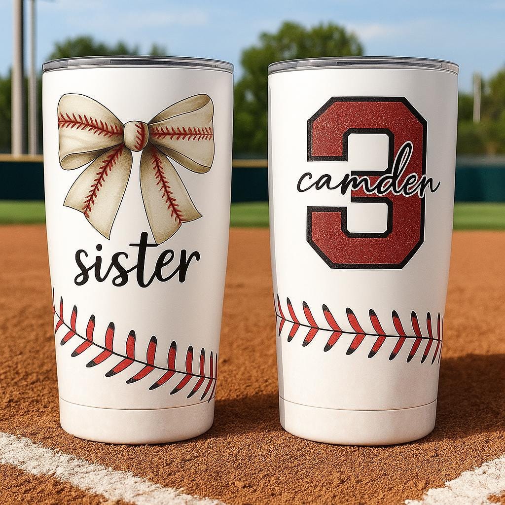 Personalized Baseball Sister Tumbler with Bow, Custom Glitter Name & Number, Game Day Sports Cup, Baseball Fan Gift for Her, Team Mom