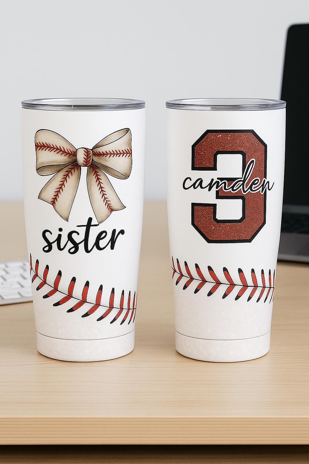 Personalized Baseball Sister Tumbler with Bow, Custom Glitter Name & Number, Game Day Sports Cup, Baseball Fan Gift for Her, Team Mom