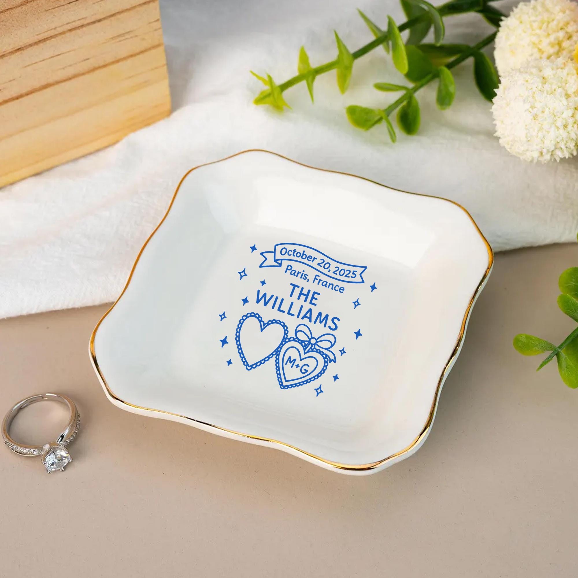 Custom Wedding Ring Tray, Personalized Jewelry Tray with Date & Names, Ceramic Couple Keepsake, Bridal Gift, Engagement Gift