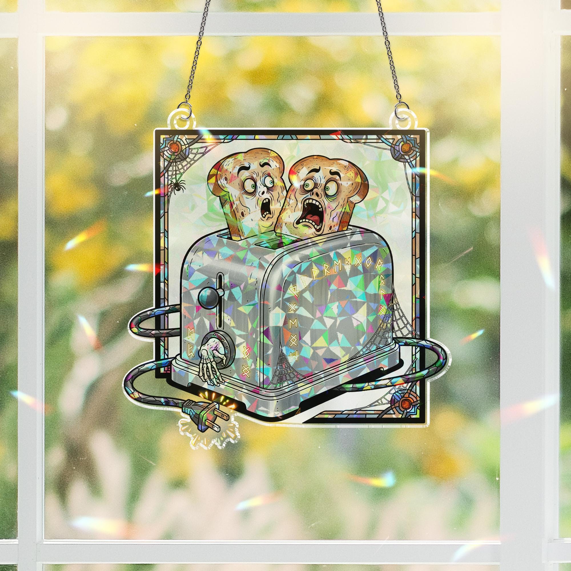 Holographic Halloween Toaster Suncatcher – Funny Scared Toast Gothic Kitchen Decor
