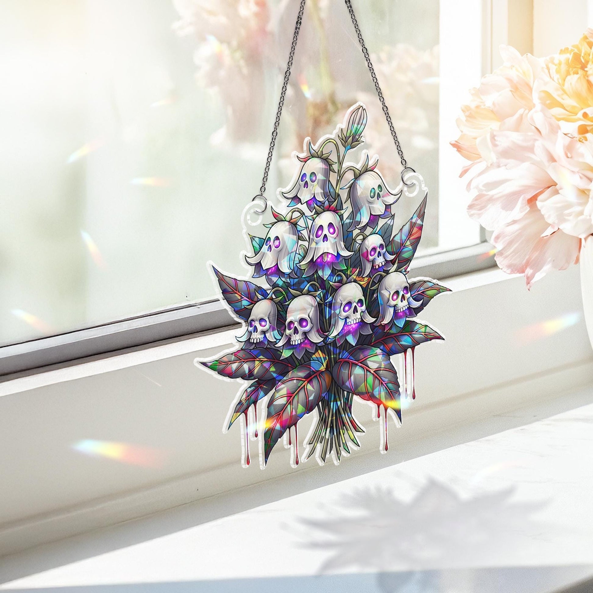 Skull Flower Suncatcher – Holographic Gothic Halloween Window Hanging Decor