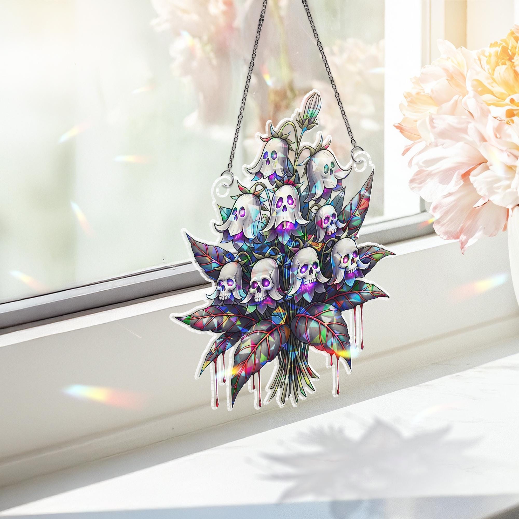 Skull Flower Suncatcher – Holographic Gothic Halloween Window Hanging Decor