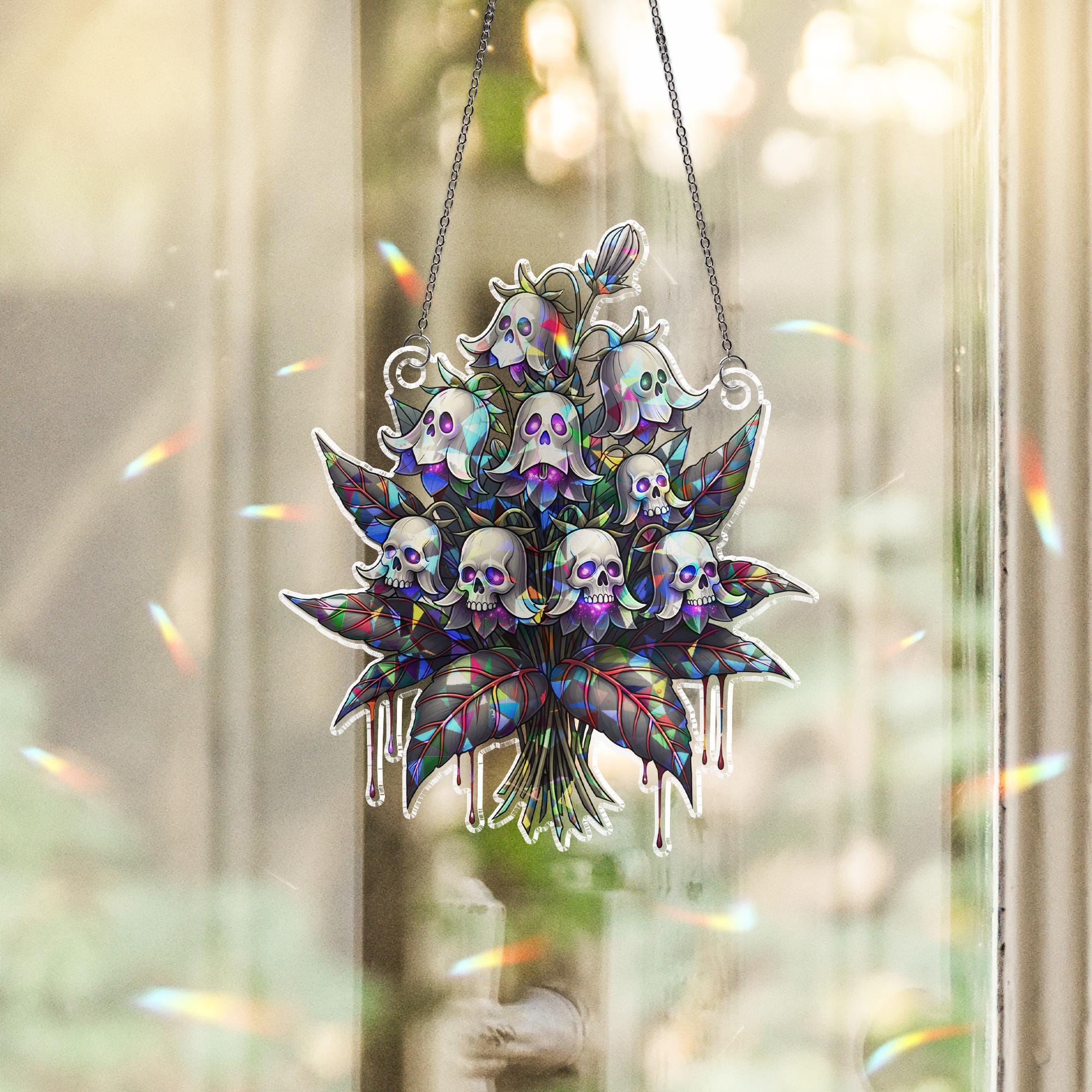 Skull Flower Suncatcher – Holographic Gothic Halloween Window Hanging Decor