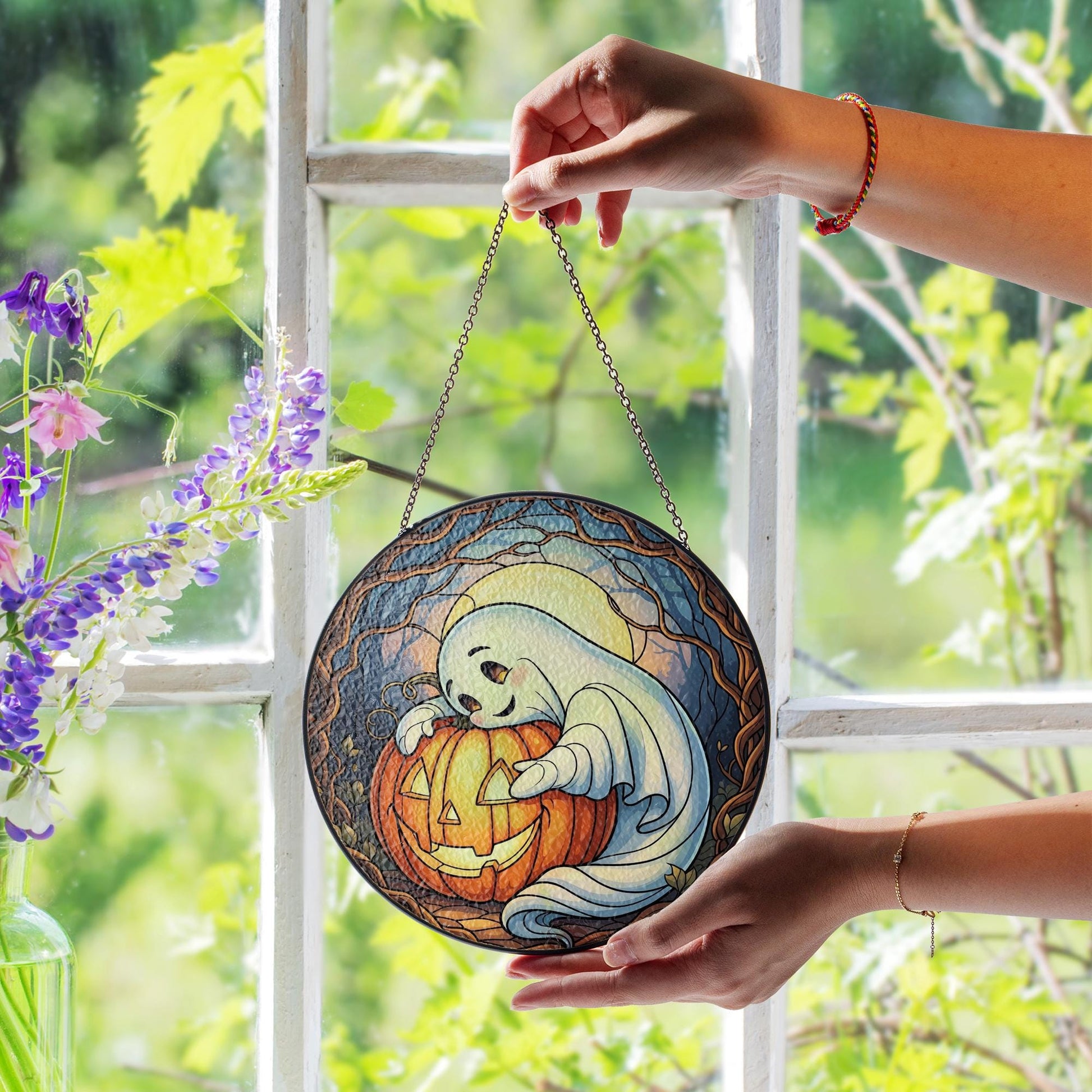 Adorable Ghost & Pumpkin Suncatcher | Halloween Stained Glass Art | Spooky Cute Home Decor | Unique Gift