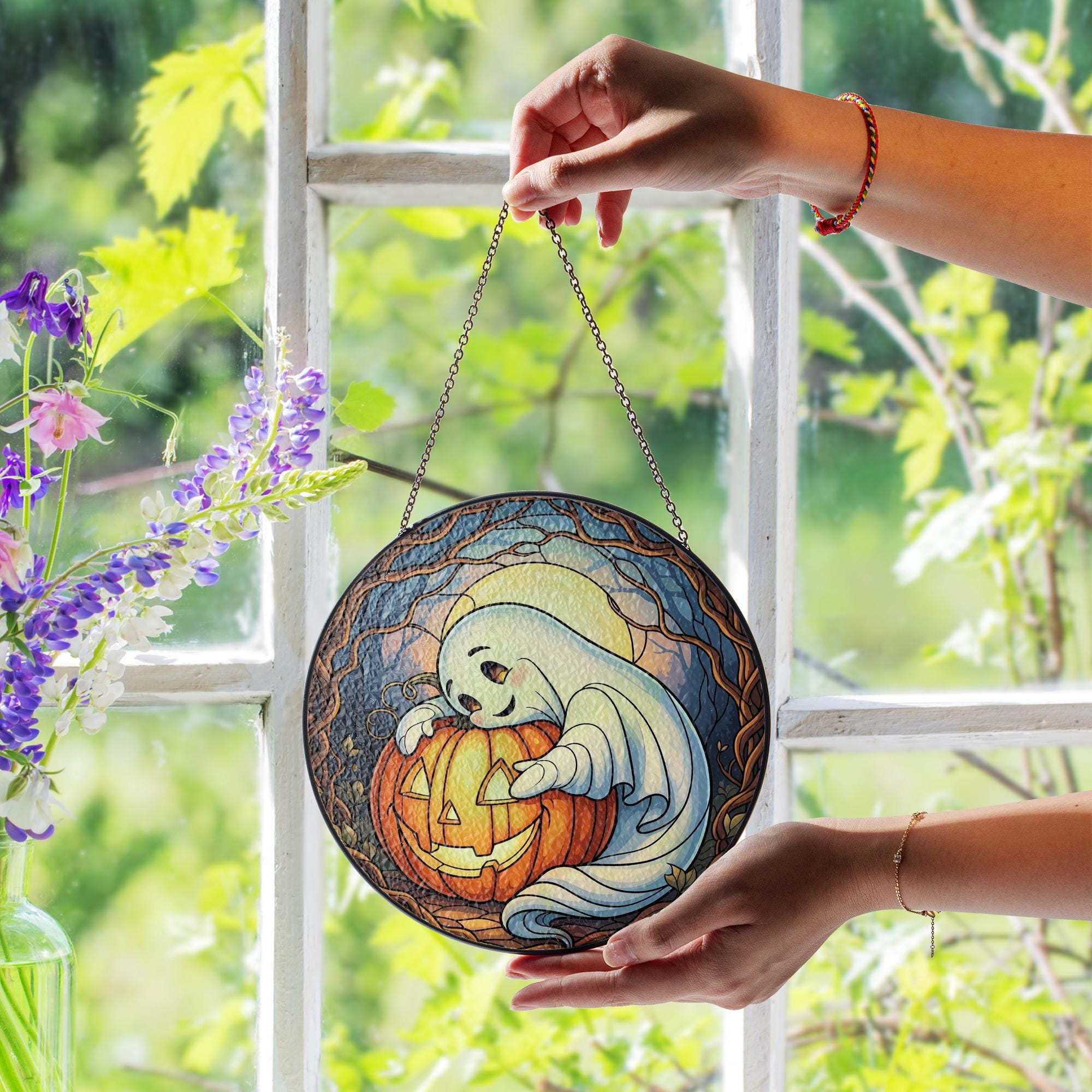 Adorable Ghost & Pumpkin Suncatcher | Halloween Stained Glass Art | Spooky Cute Home Decor | Unique Gift