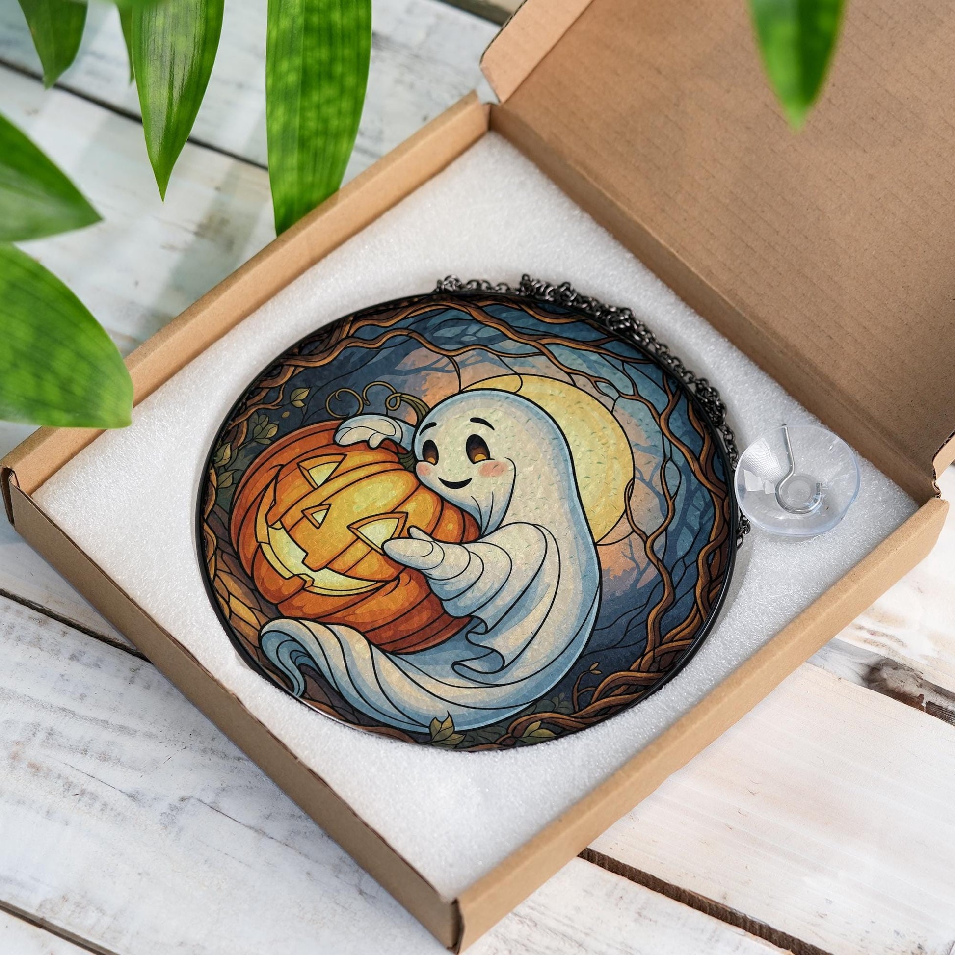 Adorable Ghost & Pumpkin Suncatcher | Halloween Stained Glass Art | Spooky Cute Home Decor | Unique Gift