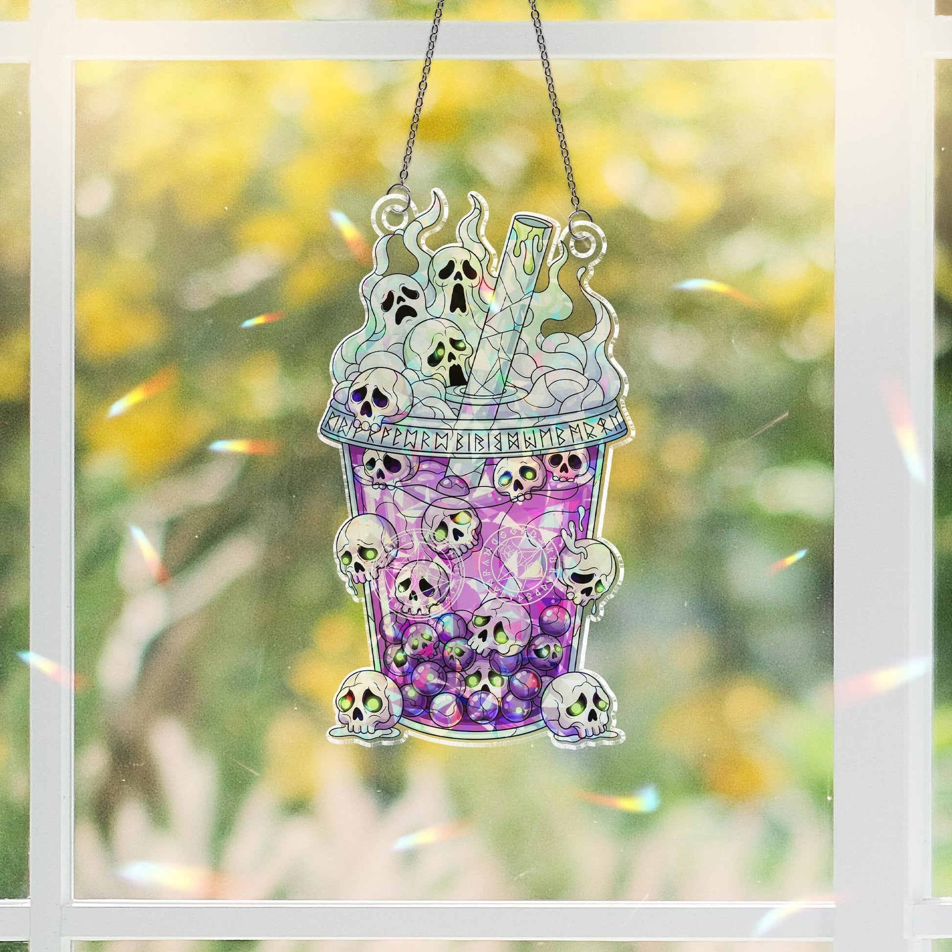 Skull Boba Suncatcher – Holographic Spooky Bubble Tea Halloween Window Decor