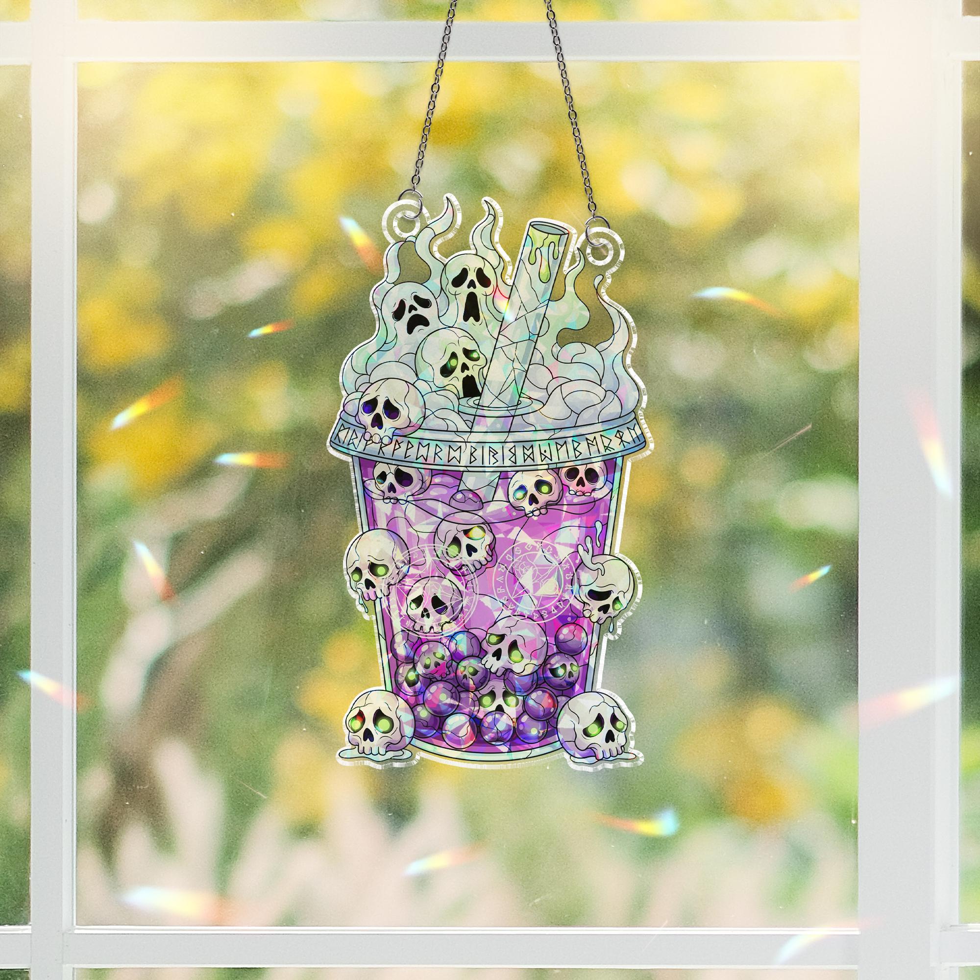 Skull Boba Suncatcher – Holographic Spooky Bubble Tea Halloween Window Decor
