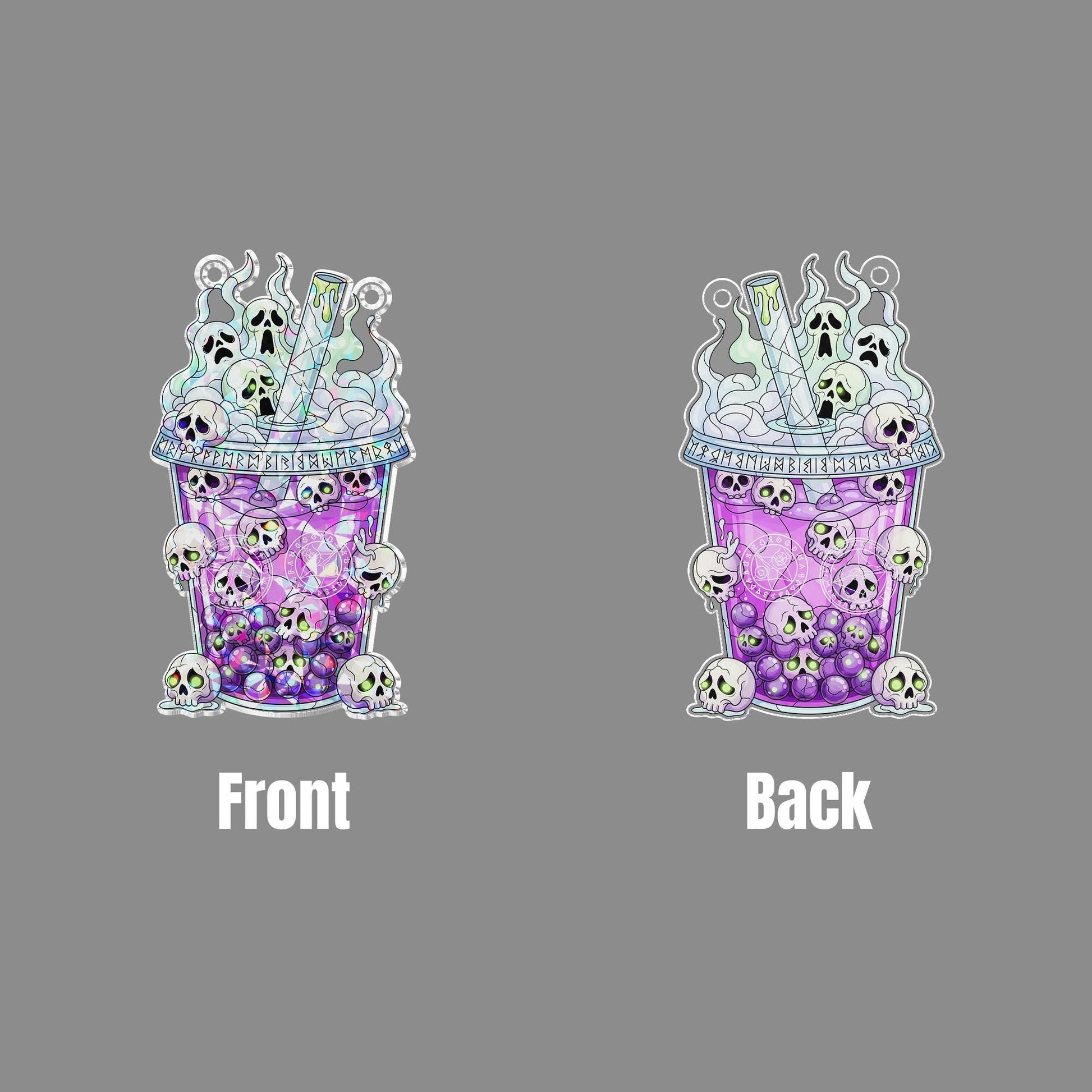 Skull Boba Suncatcher – Holographic Spooky Bubble Tea Halloween Window Decor