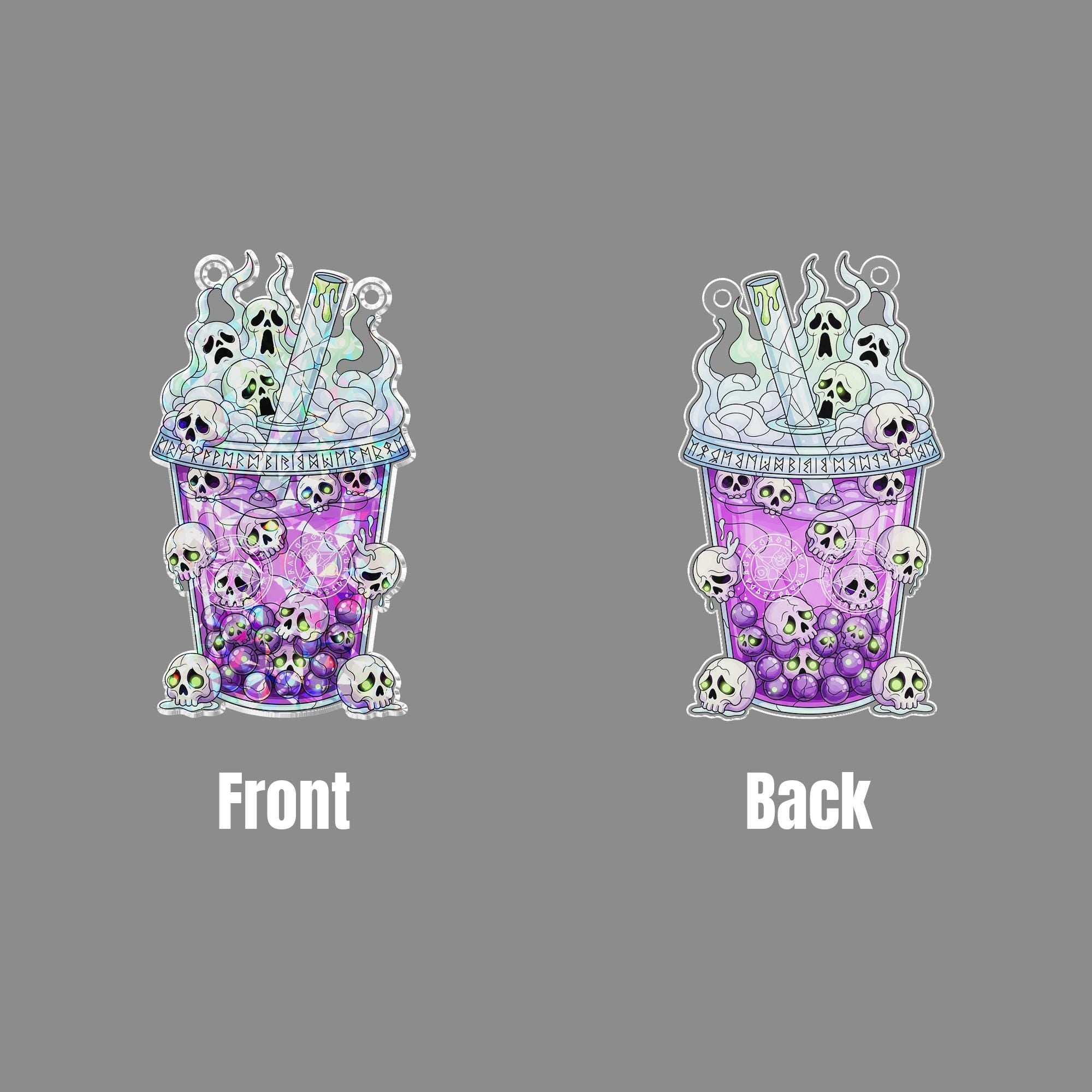 Skull Boba Suncatcher – Holographic Spooky Bubble Tea Halloween Window Decor