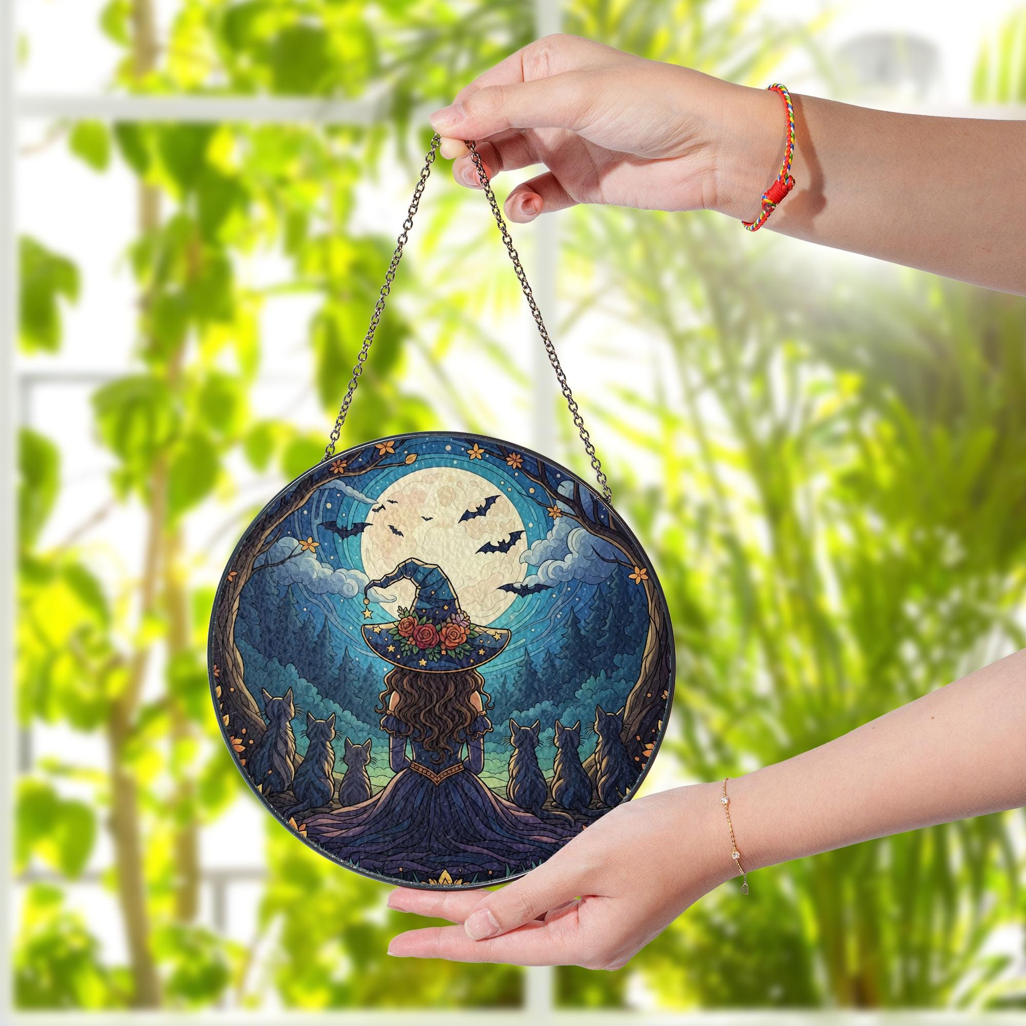 Witch Cat Moon Suncatcher – Halloween Window Hanging Gothic Witchy Decor