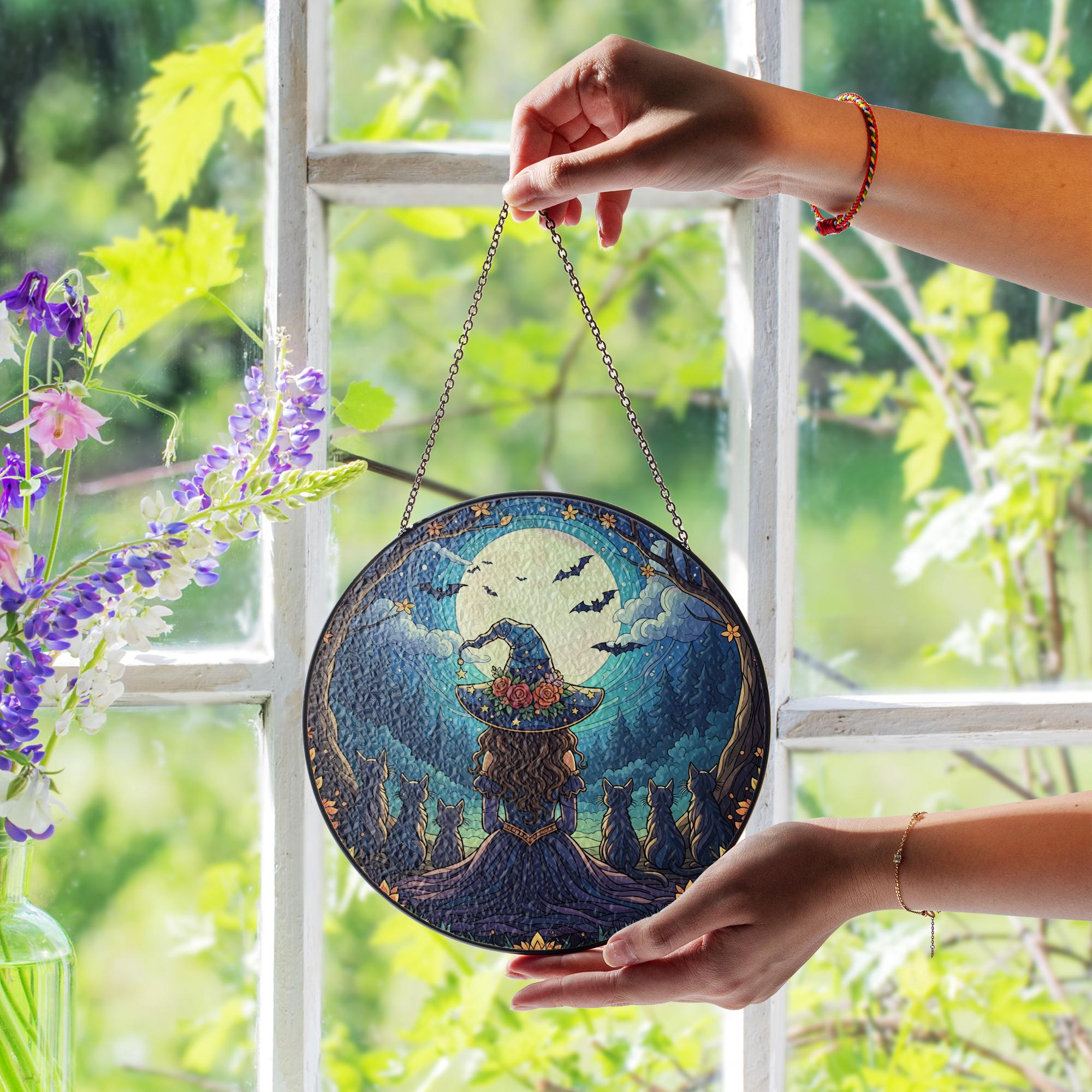 Witch Cat Moon Suncatcher – Halloween Window Hanging Gothic Witchy Decor