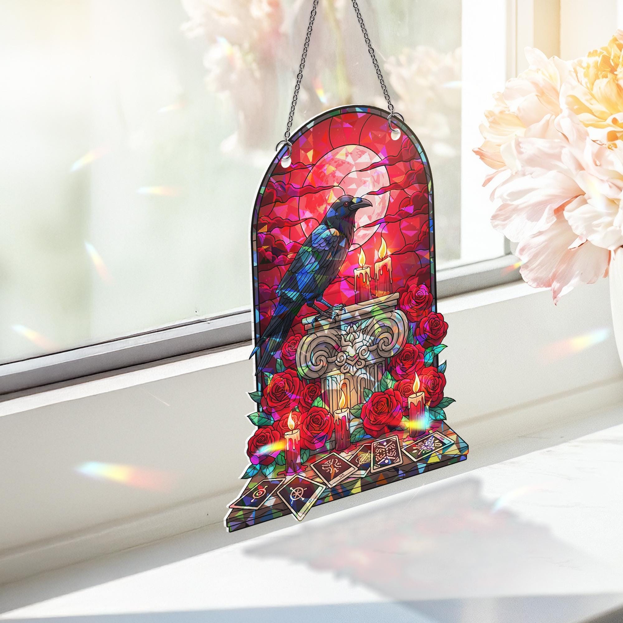 Raven Tarot Suncatcher – Gothic Window Decor with Roses and Candles