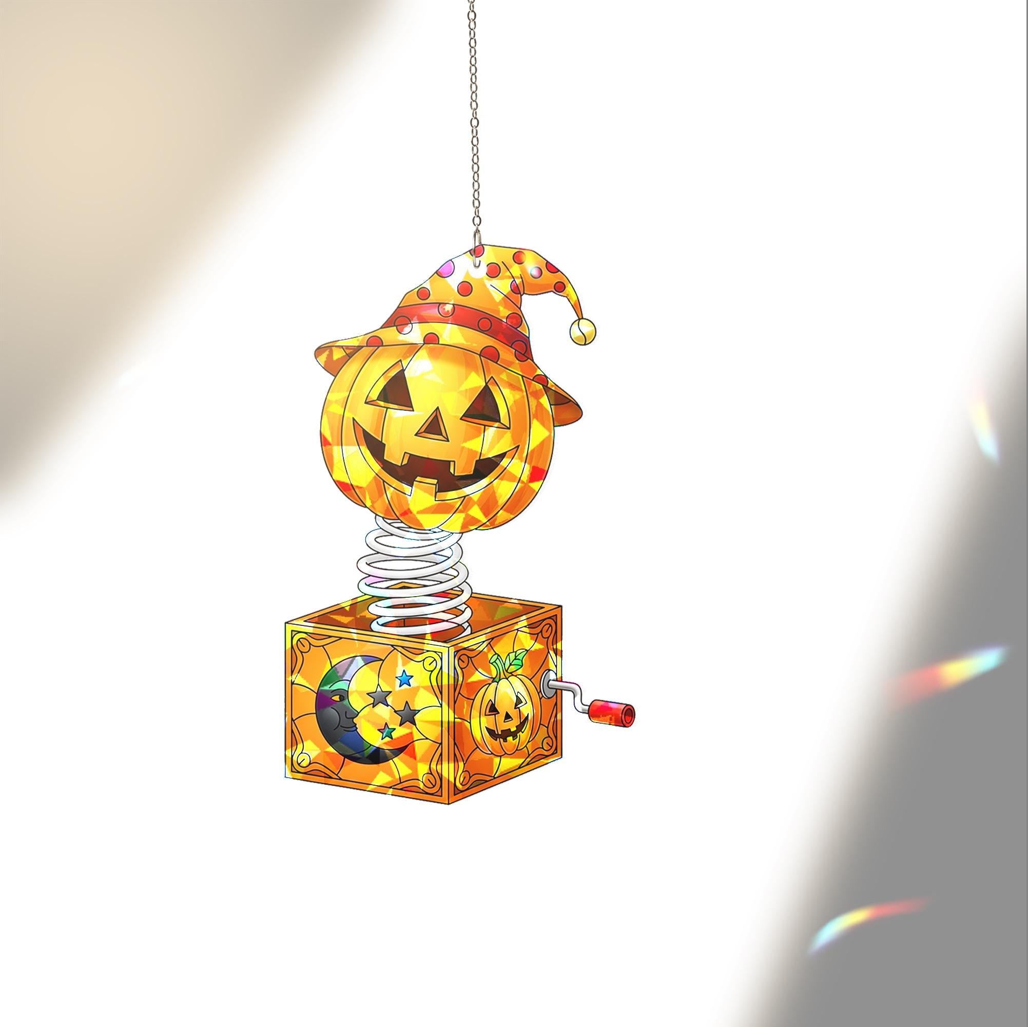 Jack-in-the-Box Pumpkin Suncatcher | Halloween Stained Glass Decor | Unique Spooky Art | Festive Window Hanging