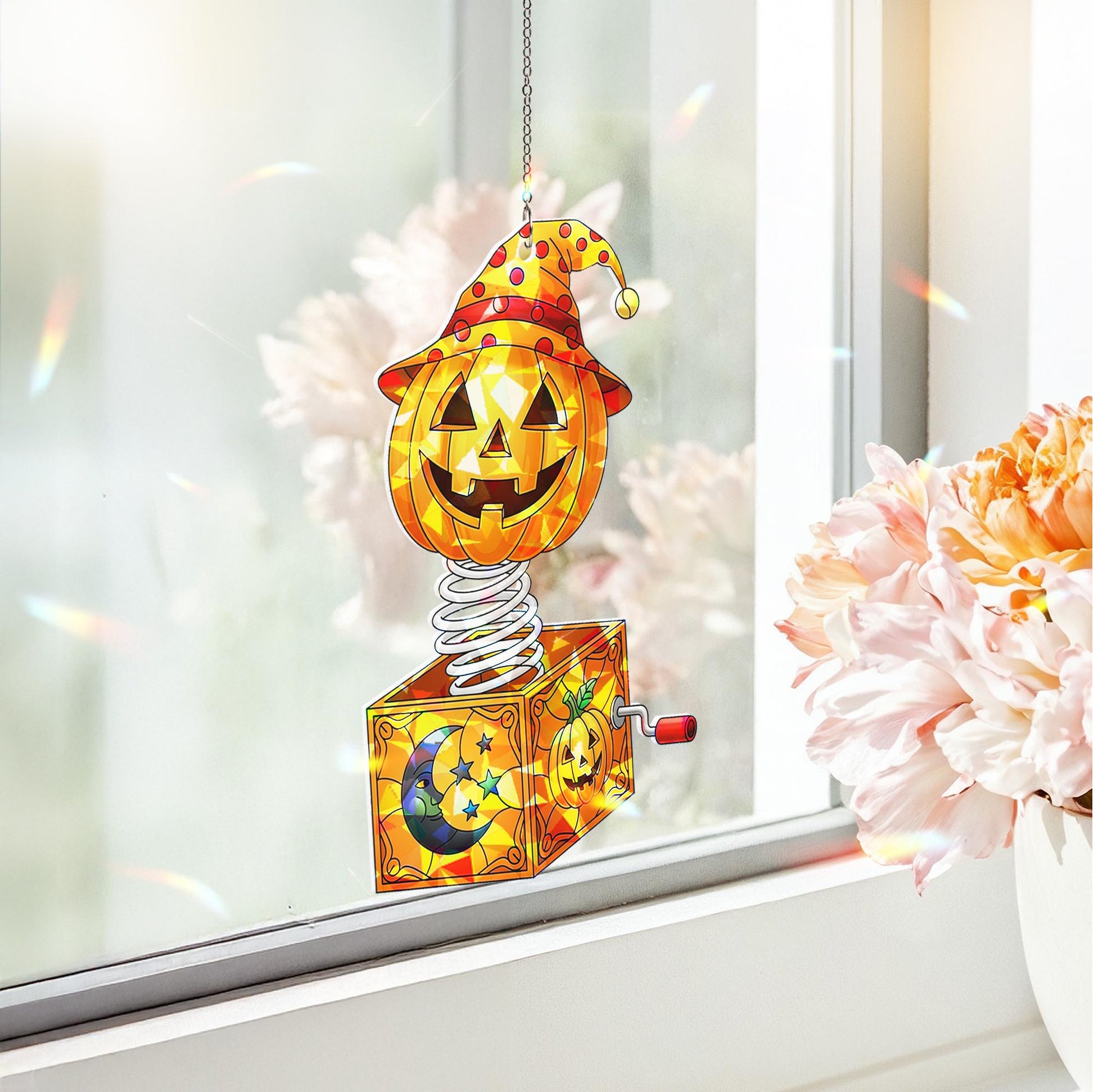 Jack-in-the-Box Pumpkin Suncatcher | Halloween Stained Glass Decor | Unique Spooky Art | Festive Window Hanging