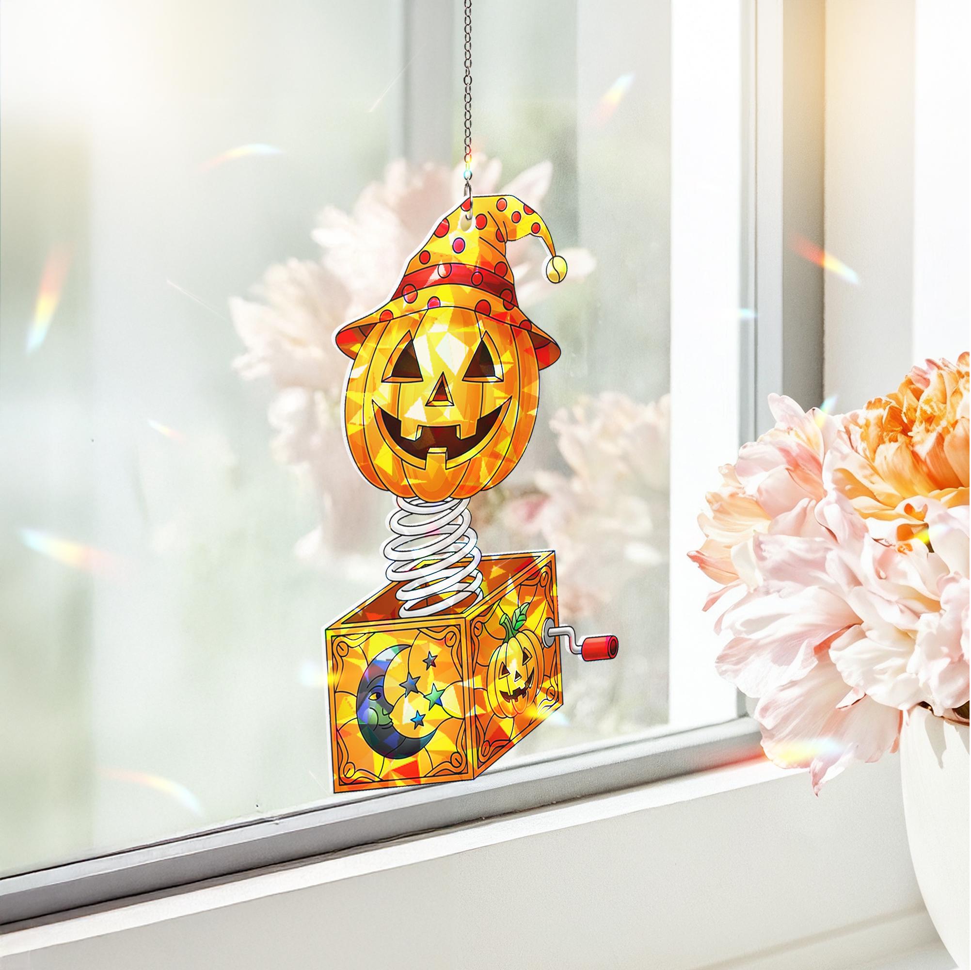 Jack-in-the-Box Pumpkin Suncatcher | Halloween Stained Glass Decor | Unique Spooky Art | Festive Window Hanging