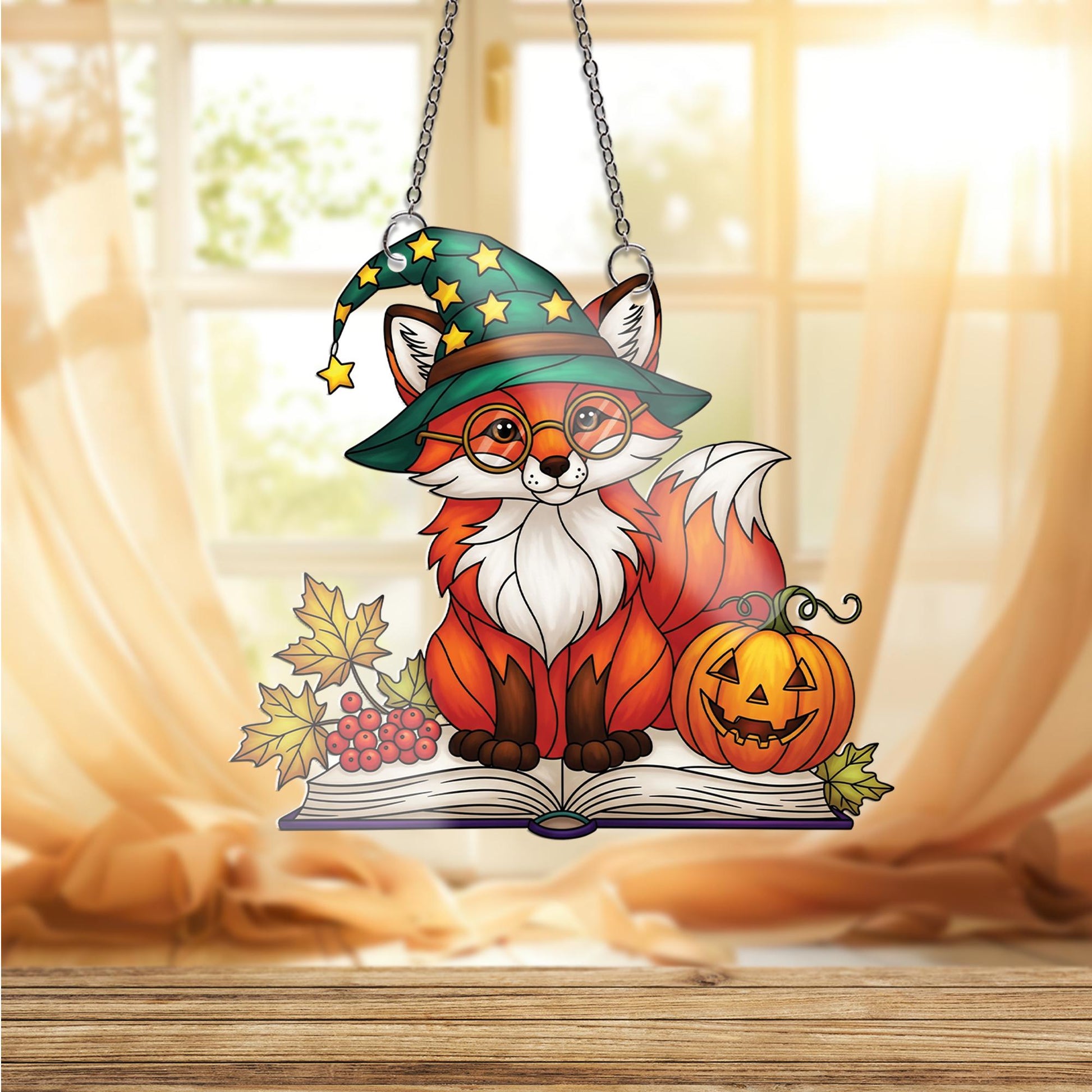 Witchy Fox Ornament | Halloween Stained Glass Art | Cute Autumn Window Decor | Book Lover Gift