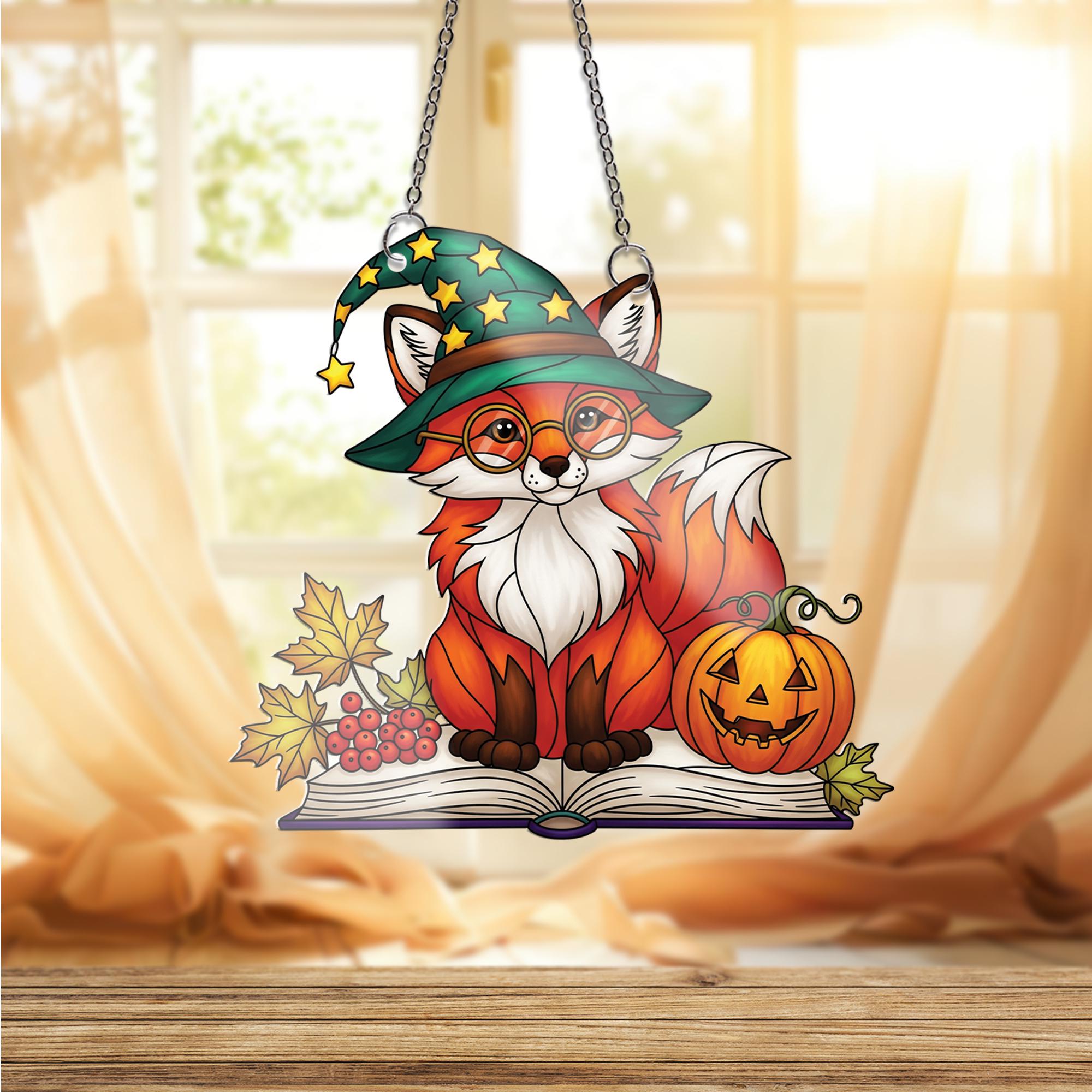 Witchy Fox Ornament | Halloween Stained Glass Art | Cute Autumn Window Decor | Book Lover Gift