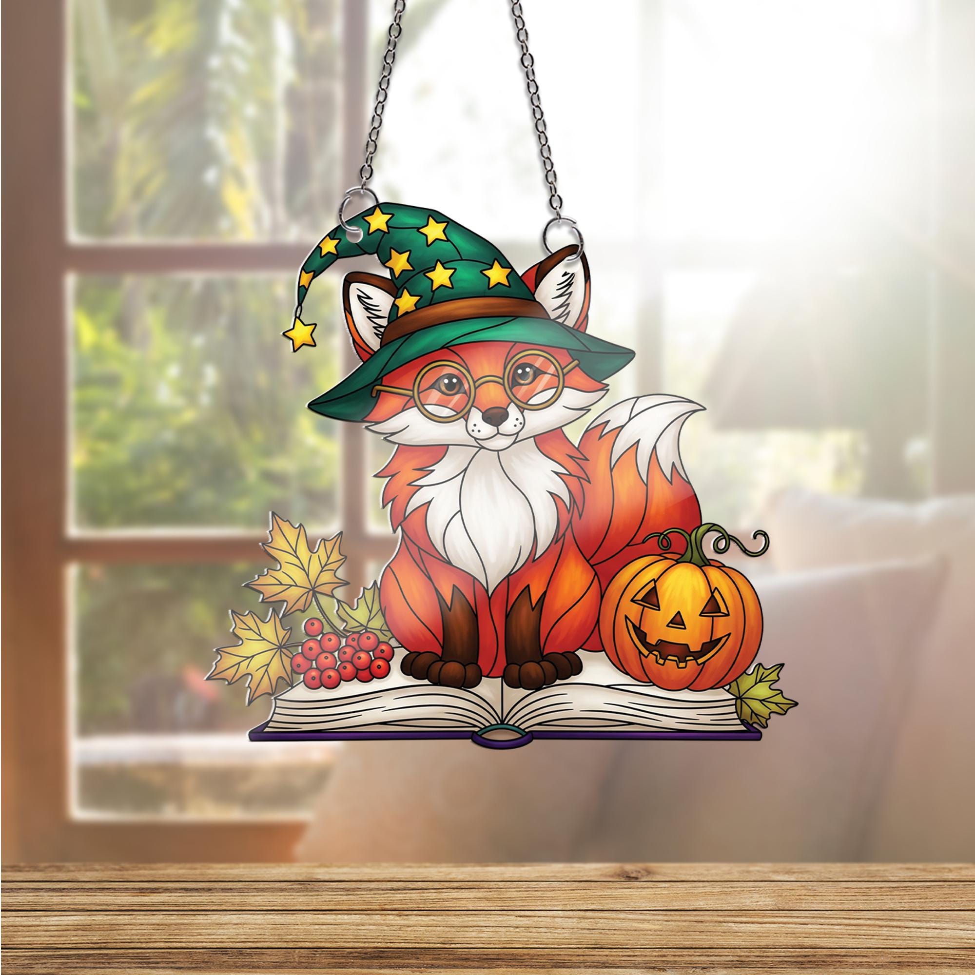 Witchy Fox Ornament | Halloween Stained Glass Art | Cute Autumn Window Decor | Book Lover Gift
