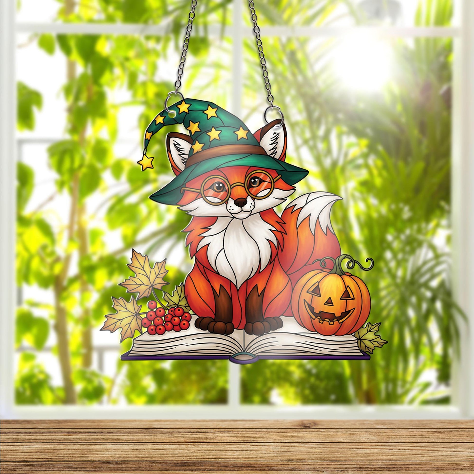 Witchy Fox Ornament | Halloween Stained Glass Art | Cute Autumn Window Decor | Book Lover Gift