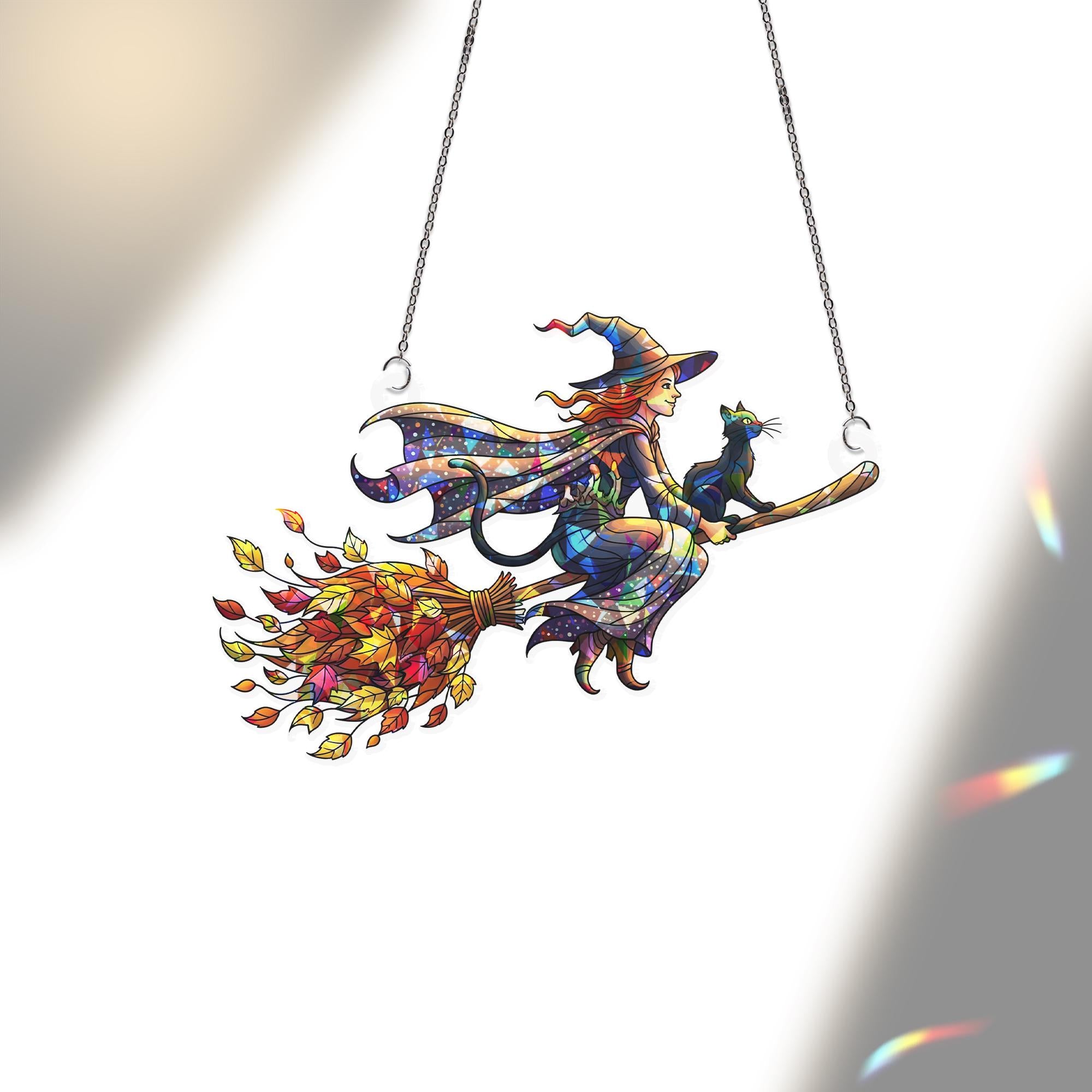 Stained Glass Witch Suncatcher - Halloween Window Decor with Black Cat & Autumn Leaves