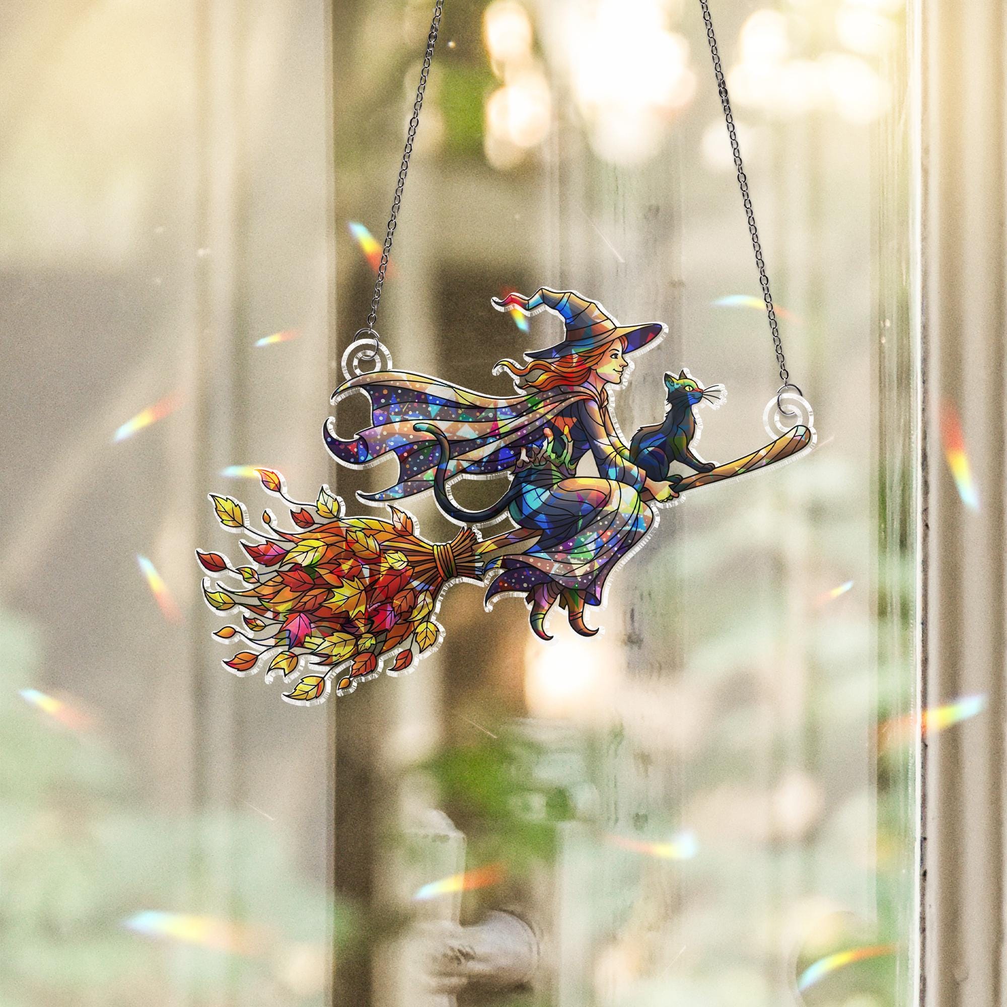 Stained Glass Witch Suncatcher - Halloween Window Decor with Black Cat & Autumn Leaves