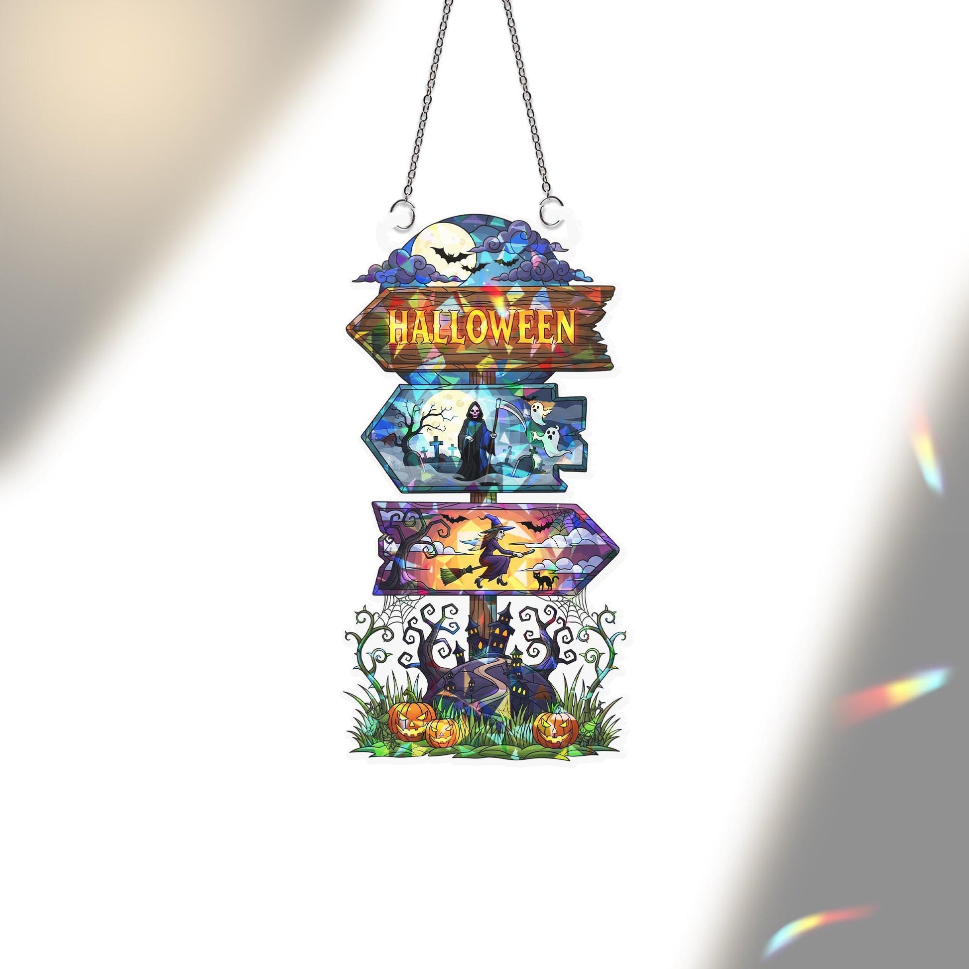 Halloween Stained Glass Sign – Spooky Window Hanging with Witch, Ghost & Pumpkins