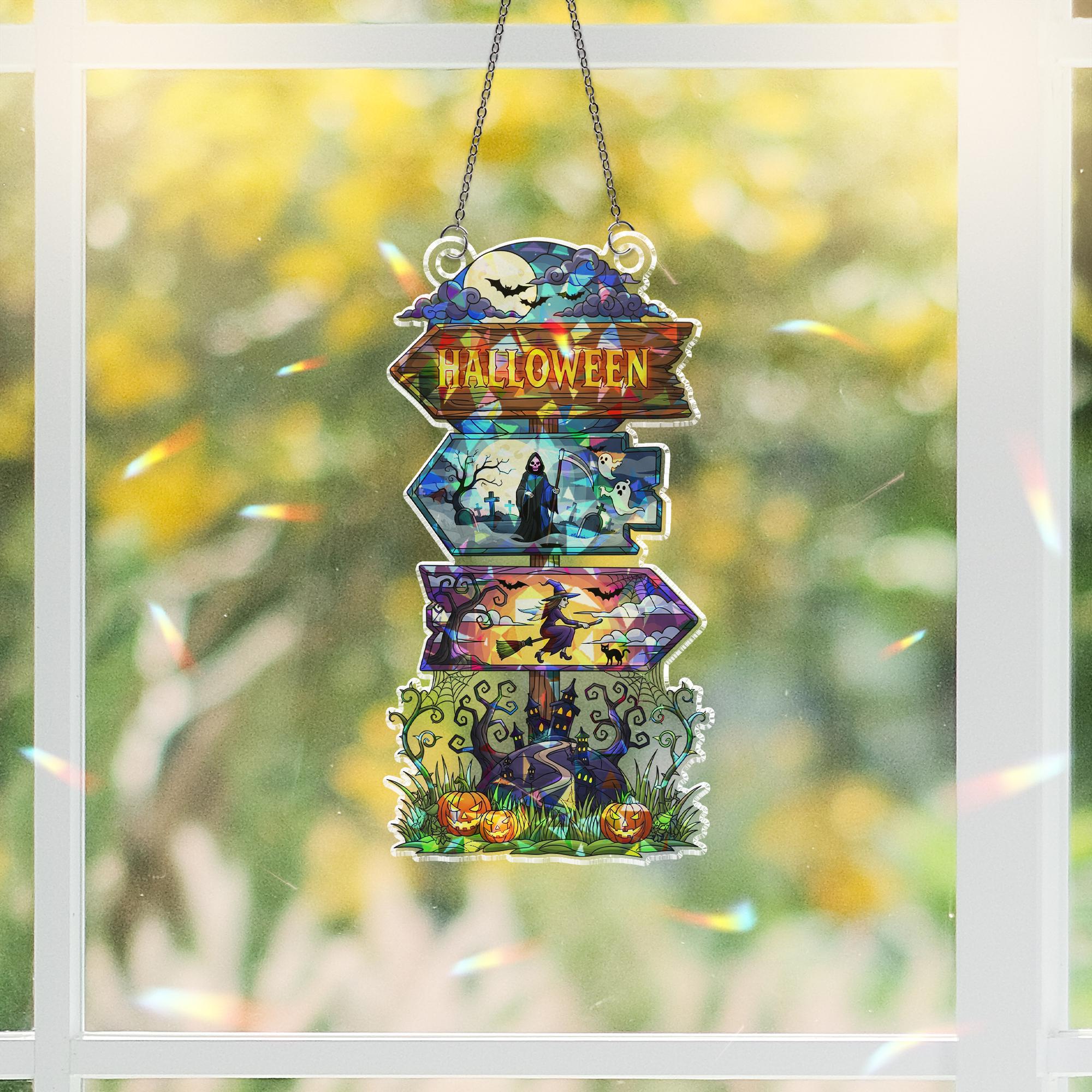 Halloween Stained Glass Sign – Spooky Window Hanging with Witch, Ghost & Pumpkins