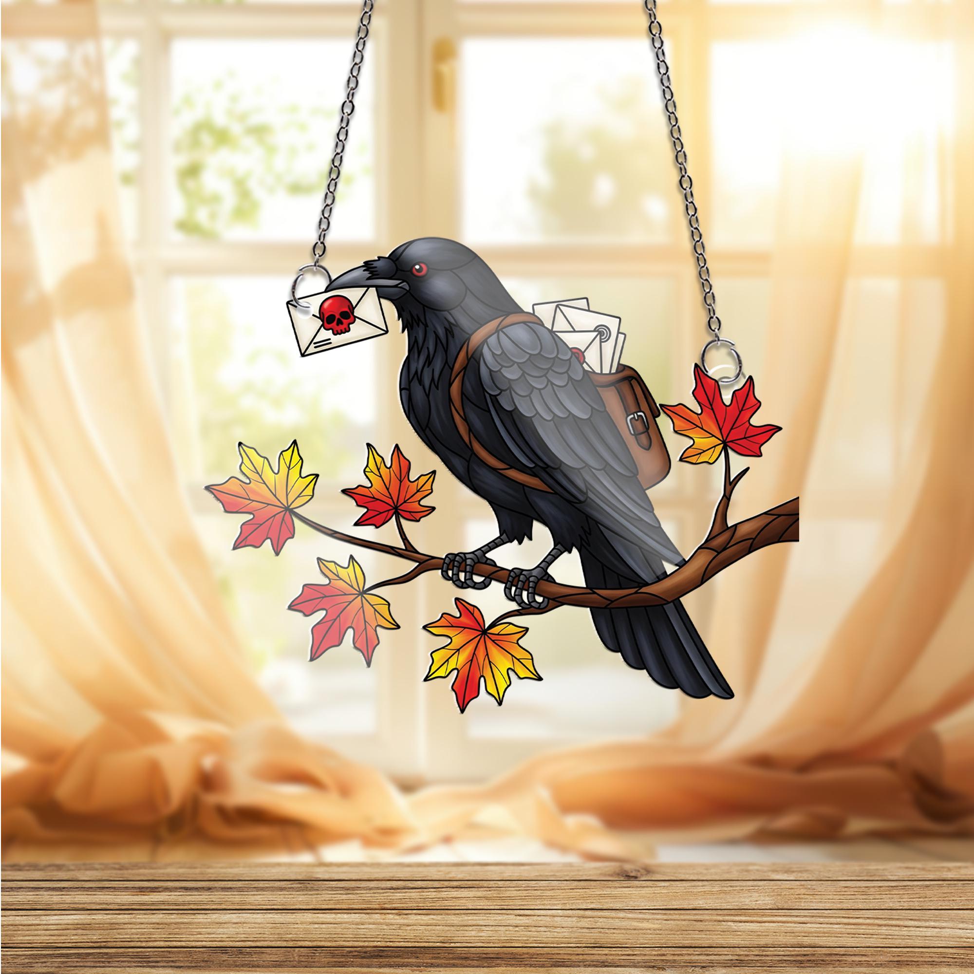 Raven Messenger ornament | Gothic Halloween Decor | Stained Glass Crow Art | Spooky Autumn Gift
