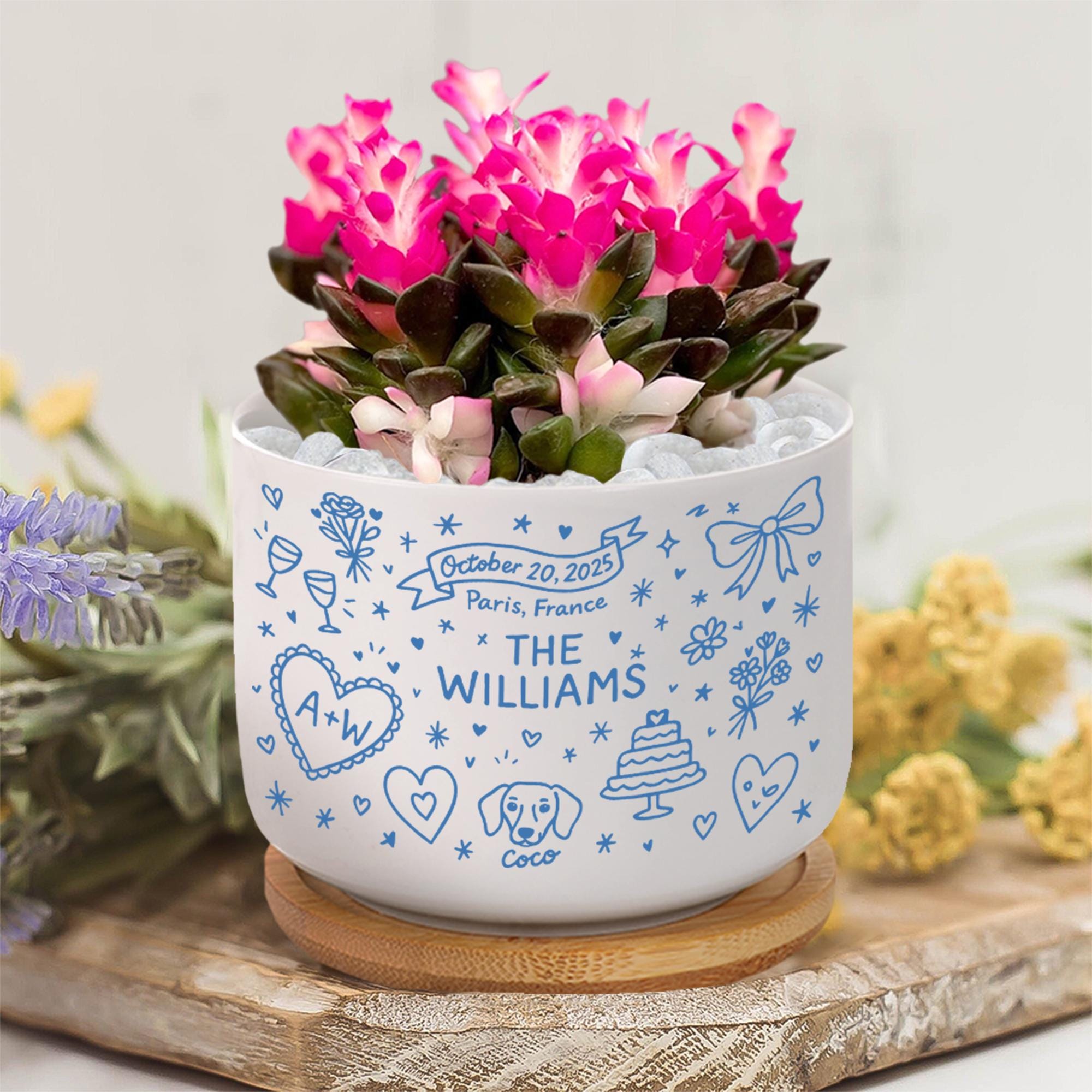 Personalized Wedding Planter, Custom Couple Name Succulent Pot, Dog & Date Keepsake Gift, Ceramic Plant Pot for Newlyweds (pot only)