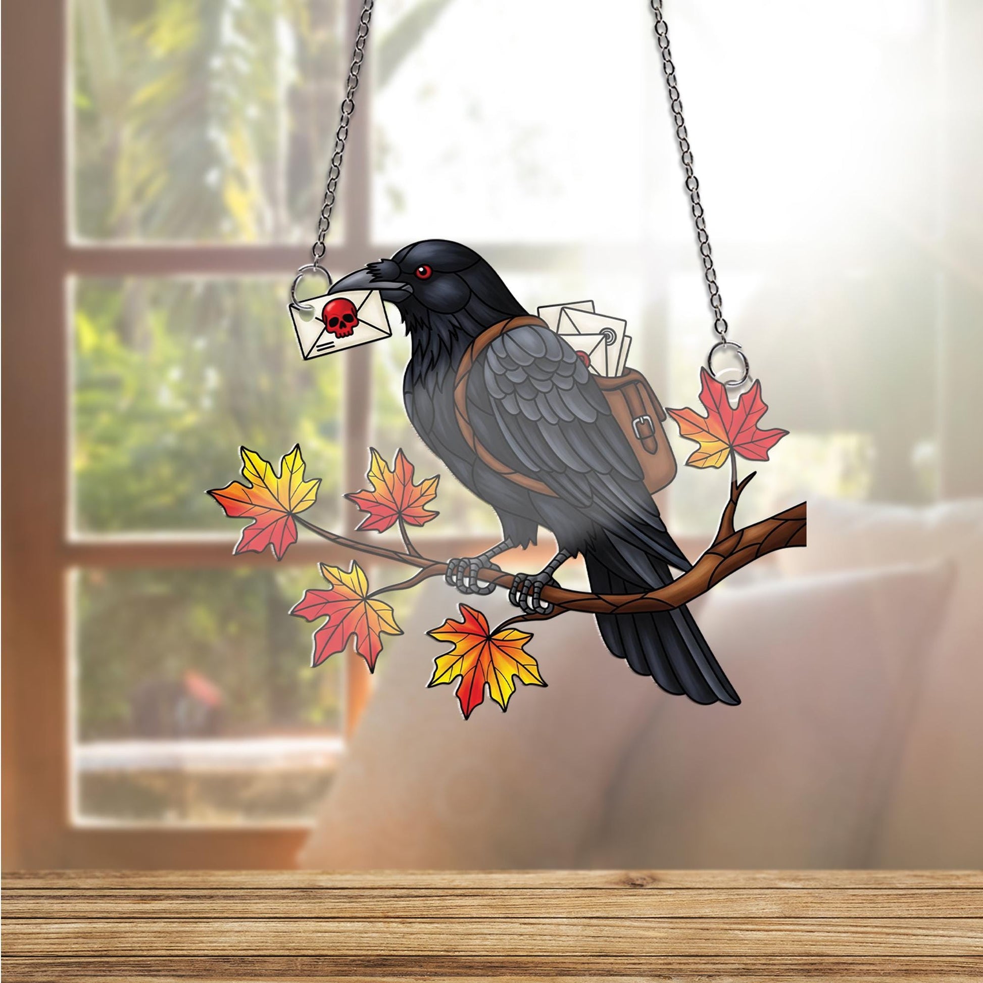 Raven Messenger ornament | Gothic Halloween Decor | Stained Glass Crow Art | Spooky Autumn Gift