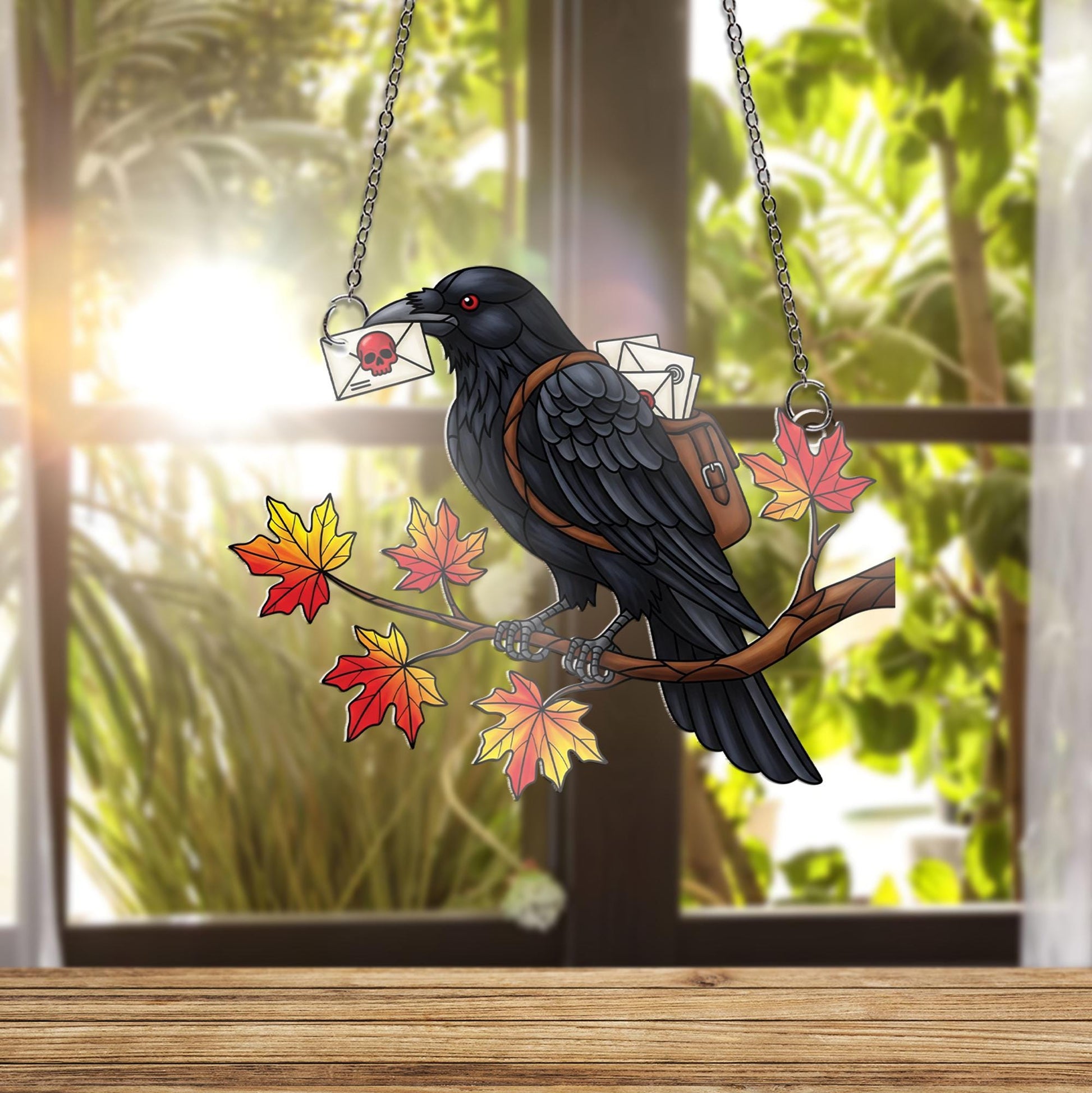 Raven Messenger ornament | Gothic Halloween Decor | Stained Glass Crow Art | Spooky Autumn Gift