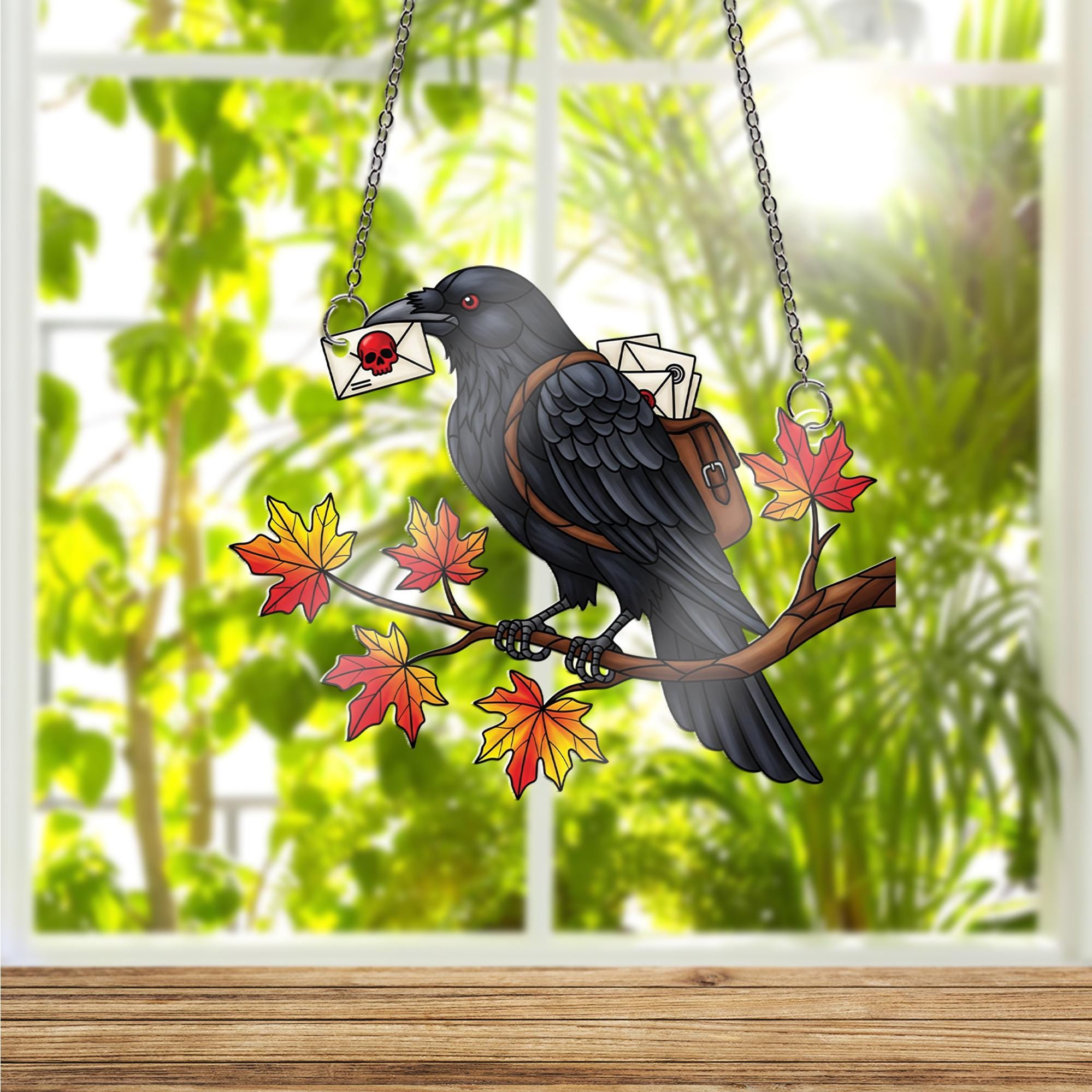 Raven Messenger ornament | Gothic Halloween Decor | Stained Glass Crow Art | Spooky Autumn Gift