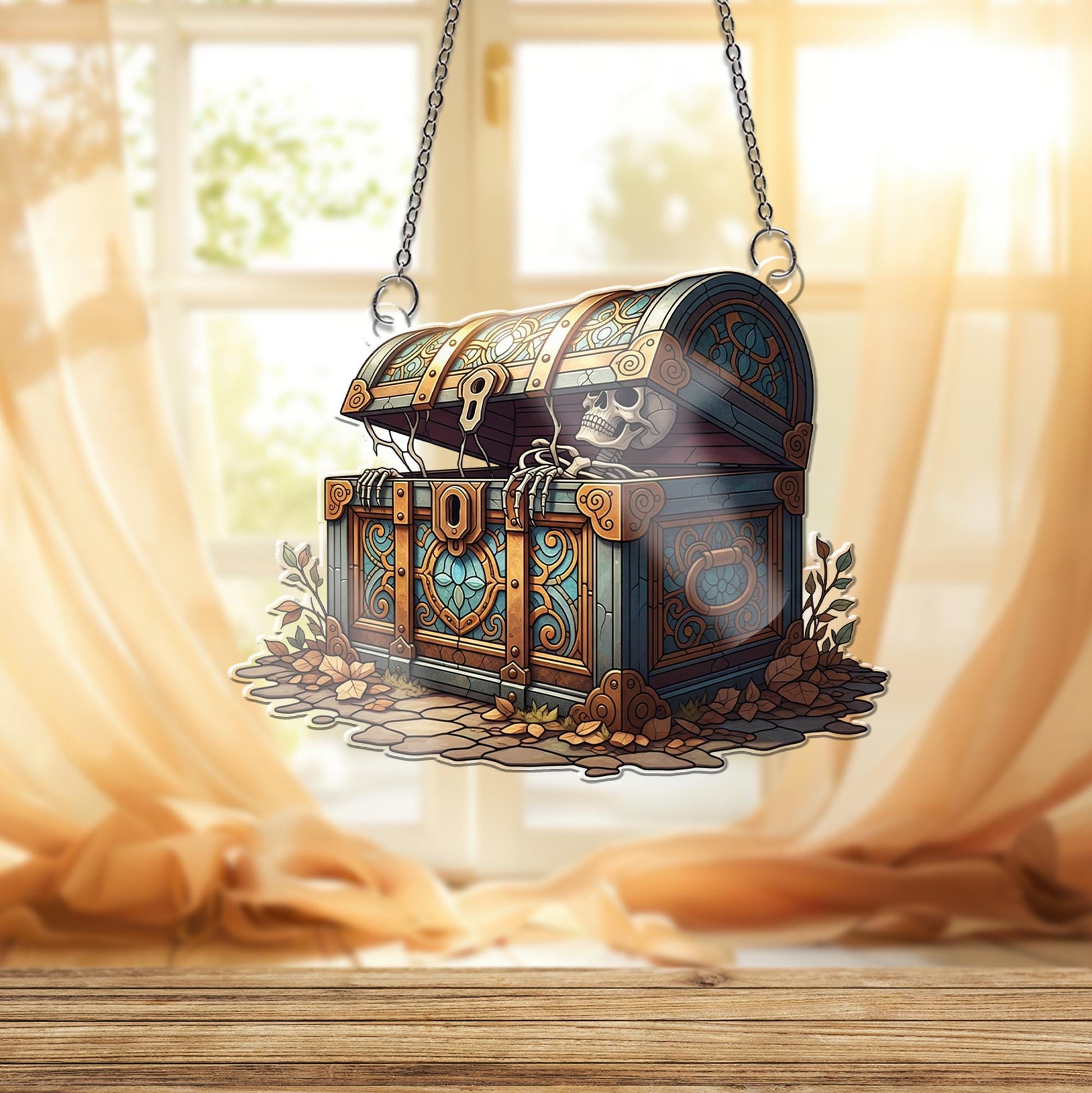 Skeleton Treasure Chest Suncatcher - Gothic Pirate Window Hanging Decor, Spooky Halloween Stained Glass Style Skeleton Chest Gift