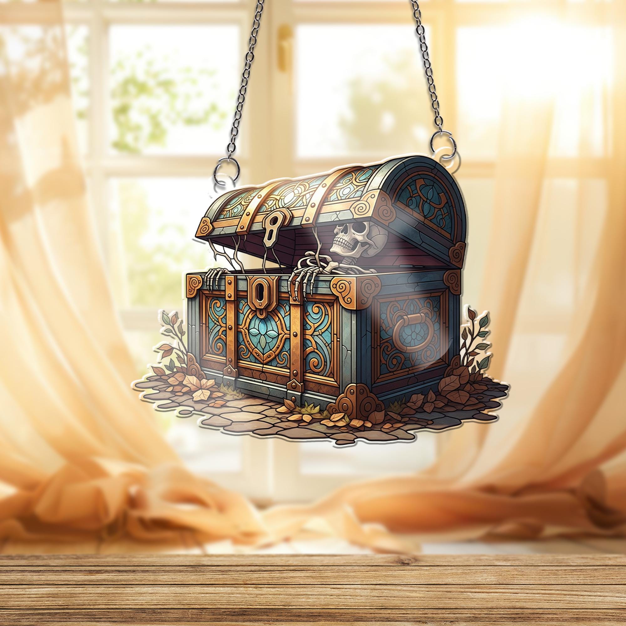 Skeleton Treasure Chest Suncatcher - Gothic Pirate Window Hanging Decor, Spooky Halloween Stained Glass Style Skeleton Chest Gift