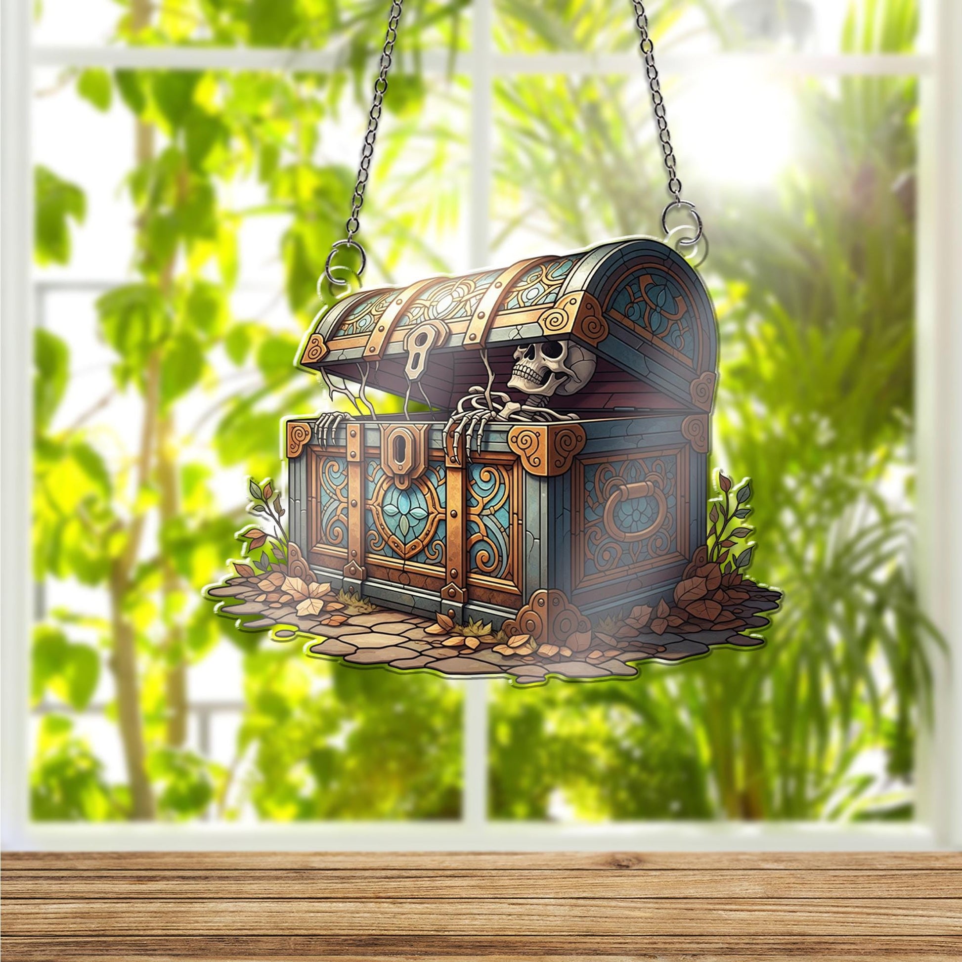 Skeleton Treasure Chest Suncatcher - Gothic Pirate Window Hanging Decor, Spooky Halloween Stained Glass Style Skeleton Chest Gift