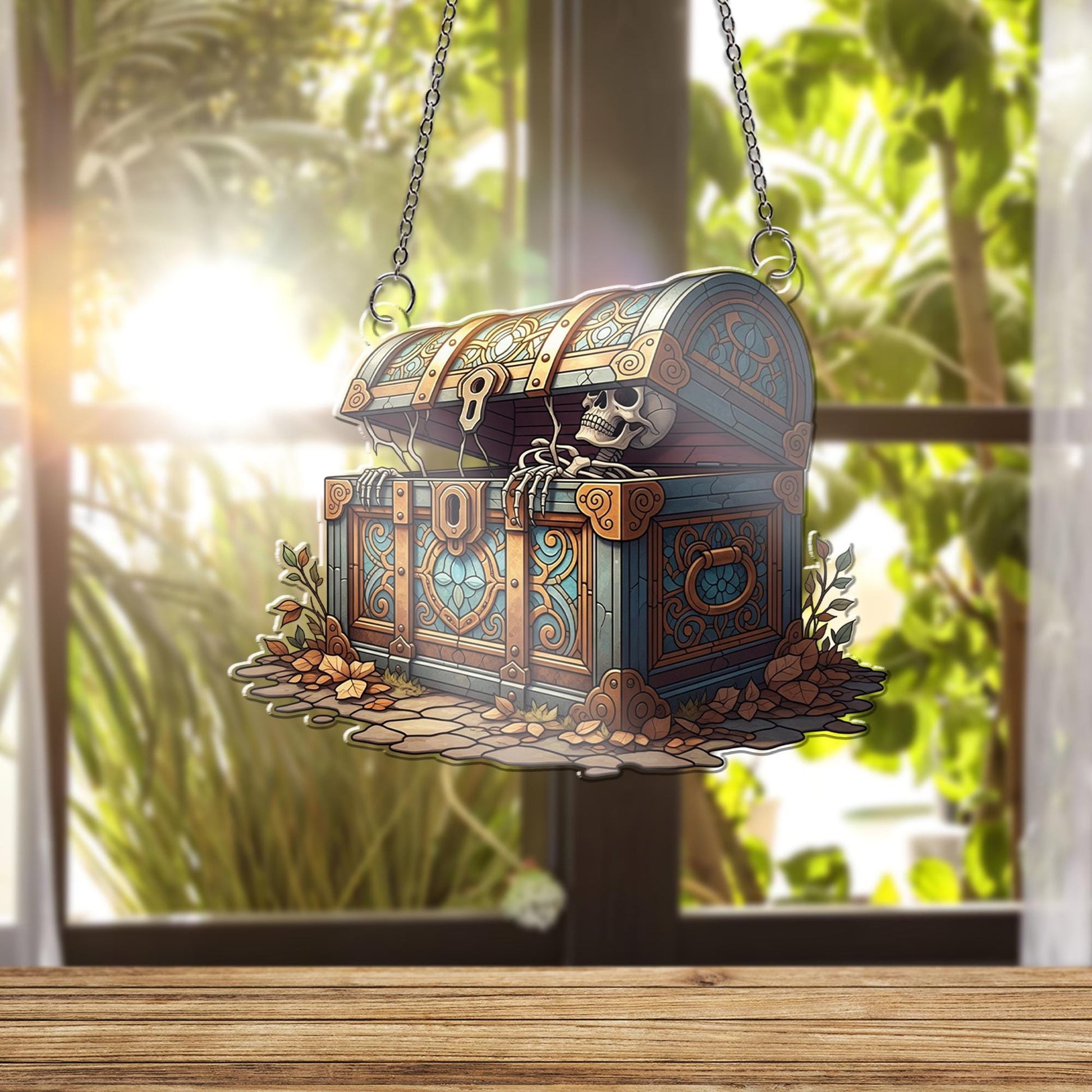 Skeleton Treasure Chest Suncatcher - Gothic Pirate Window Hanging Decor, Spooky Halloween Stained Glass Style Skeleton Chest Gift