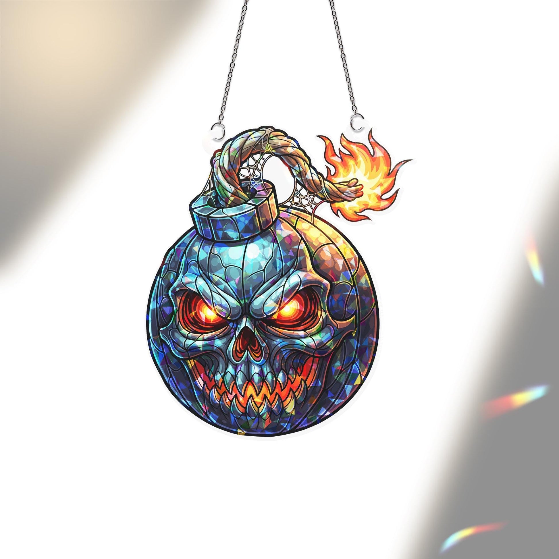 Halloween Skull Bomb Suncatcher – Stained Glass Style Spooky Window Hanging Decor