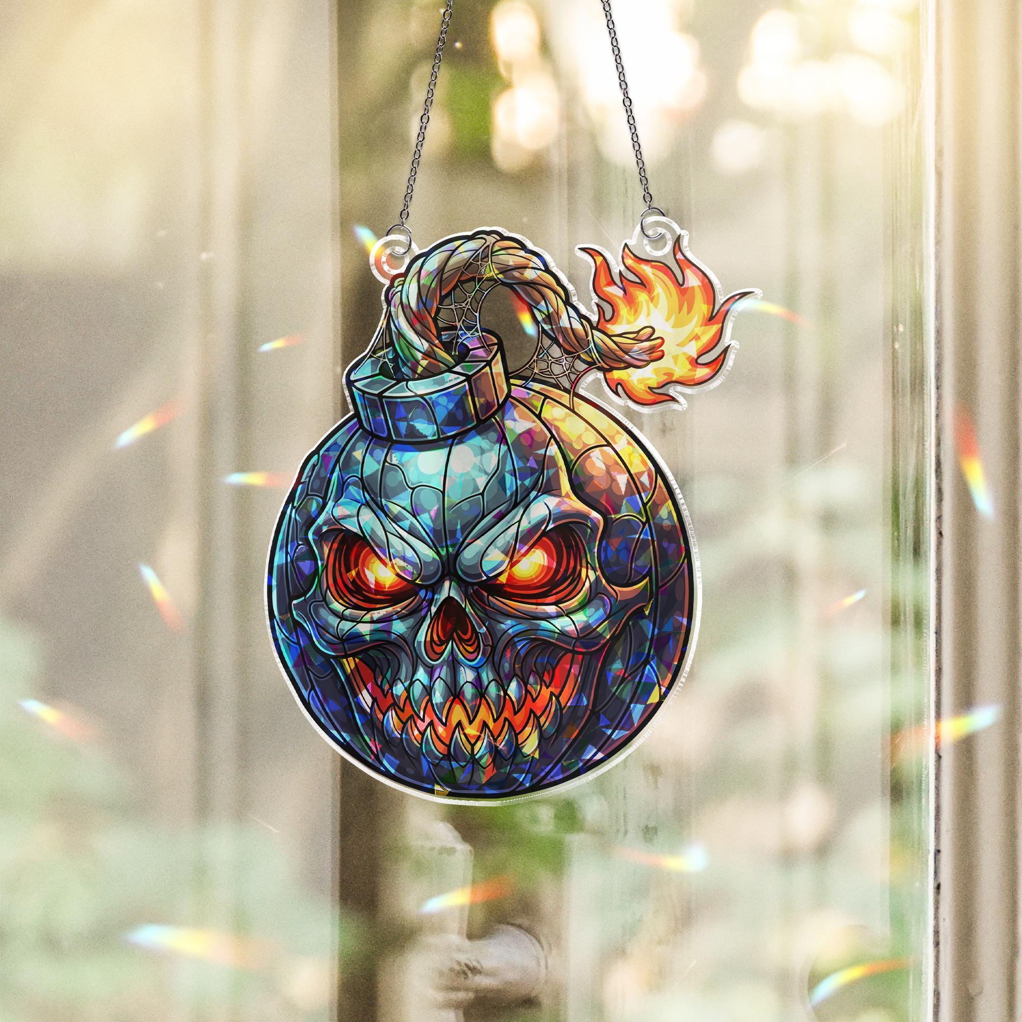 Halloween Skull Bomb Suncatcher – Stained Glass Style Spooky Window Hanging Decor