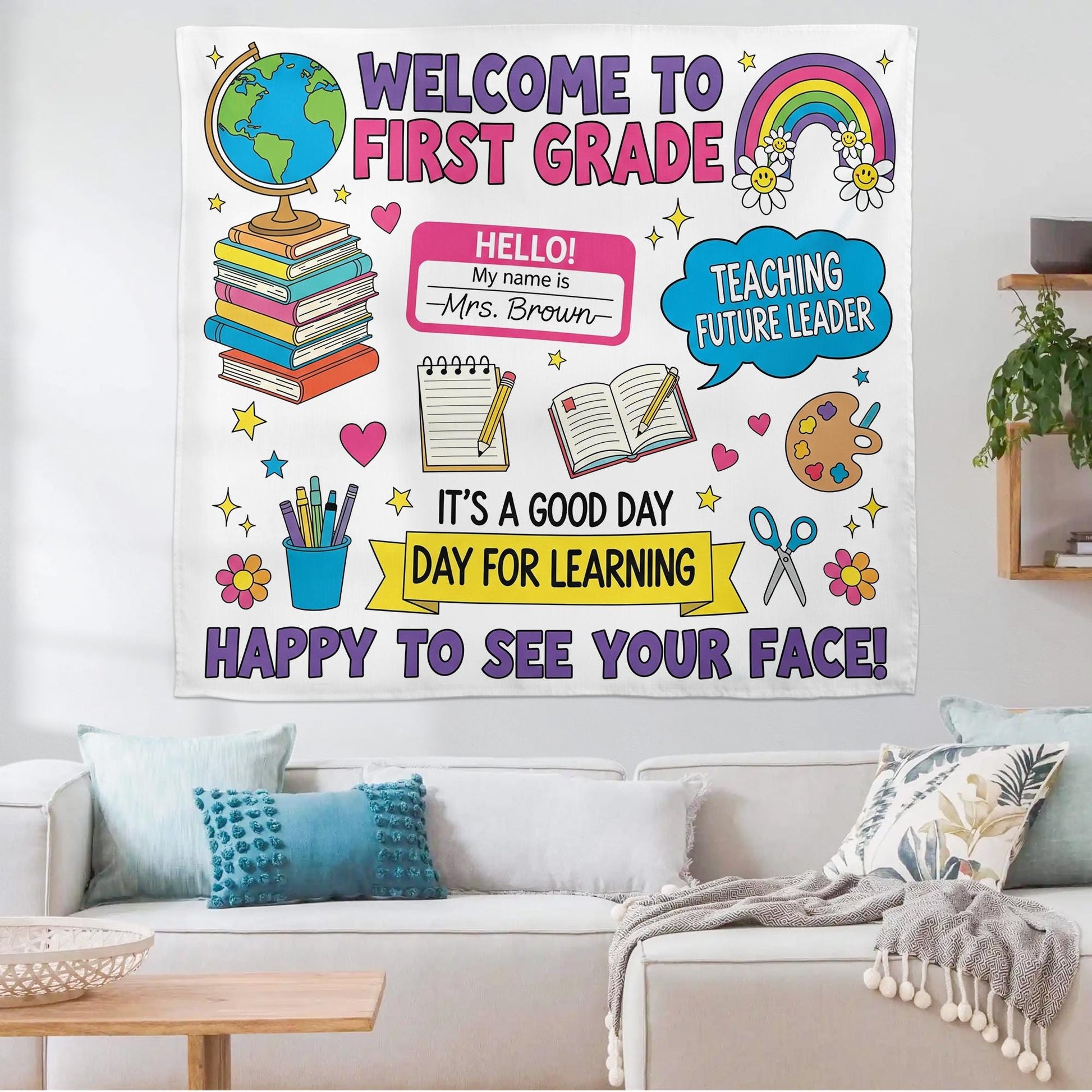 Personalized Welcome to First Grade Tapestry – Personalized Classroom Wall Decor for Teachers – Back to School Sign, Classroom Wall Decor