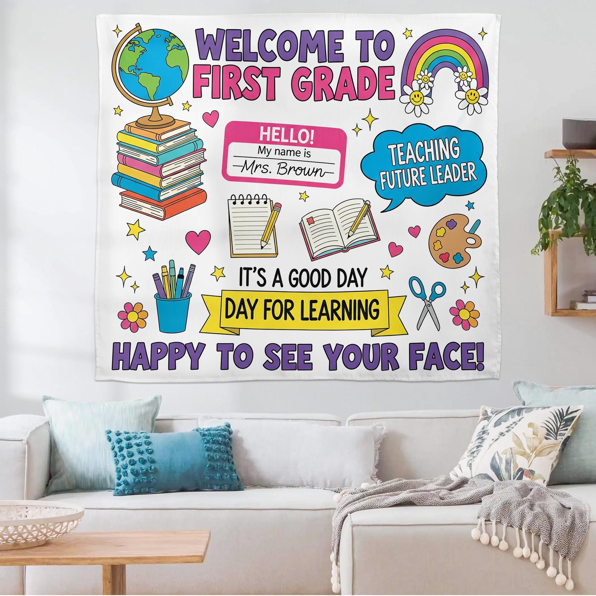 Personalized Welcome to First Grade Tapestry – Personalized Classroom Wall Decor for Teachers – Back to School Sign, Classroom Wall Decor