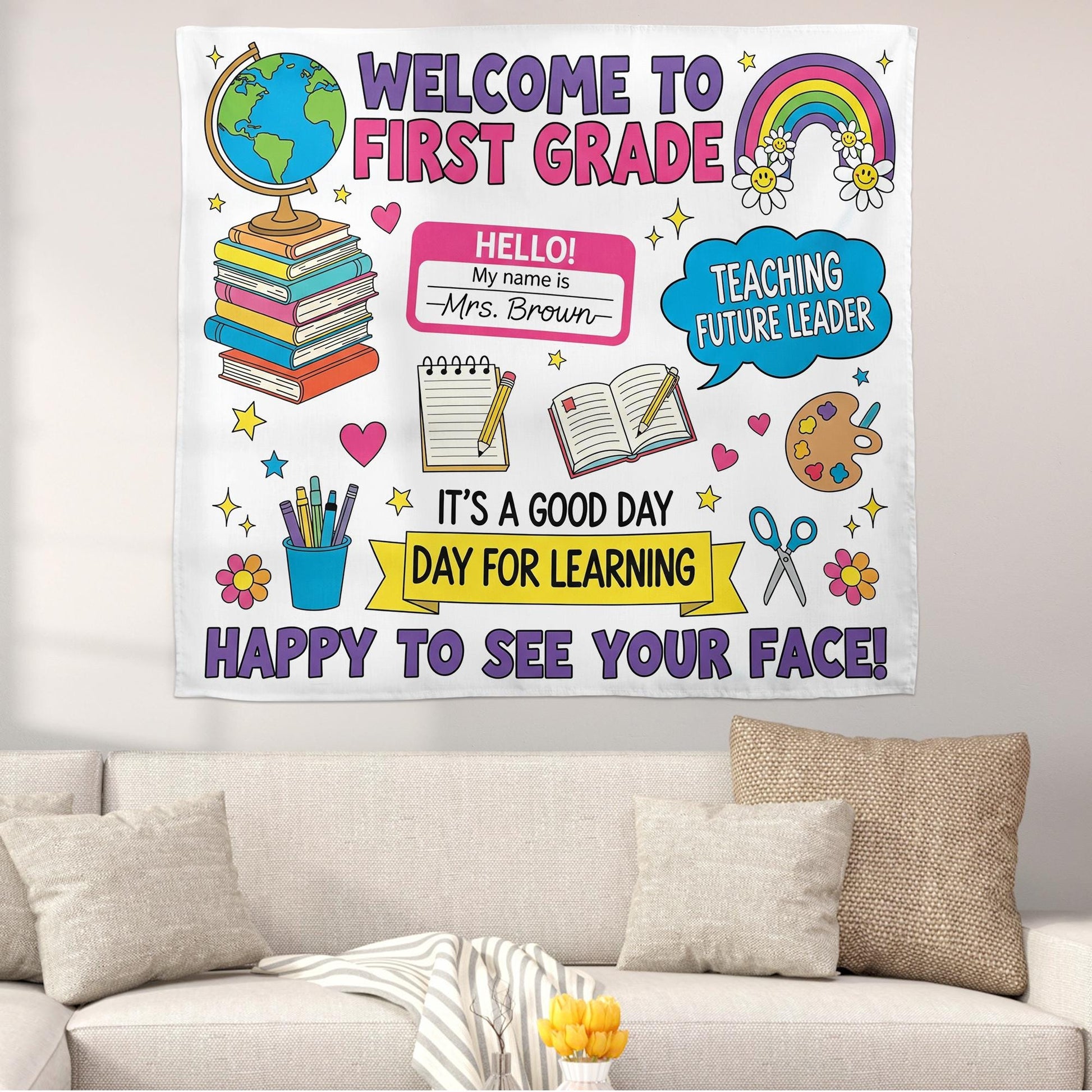 Personalized Welcome to First Grade Tapestry – Personalized Classroom Wall Decor for Teachers – Back to School Sign, Classroom Wall Decor