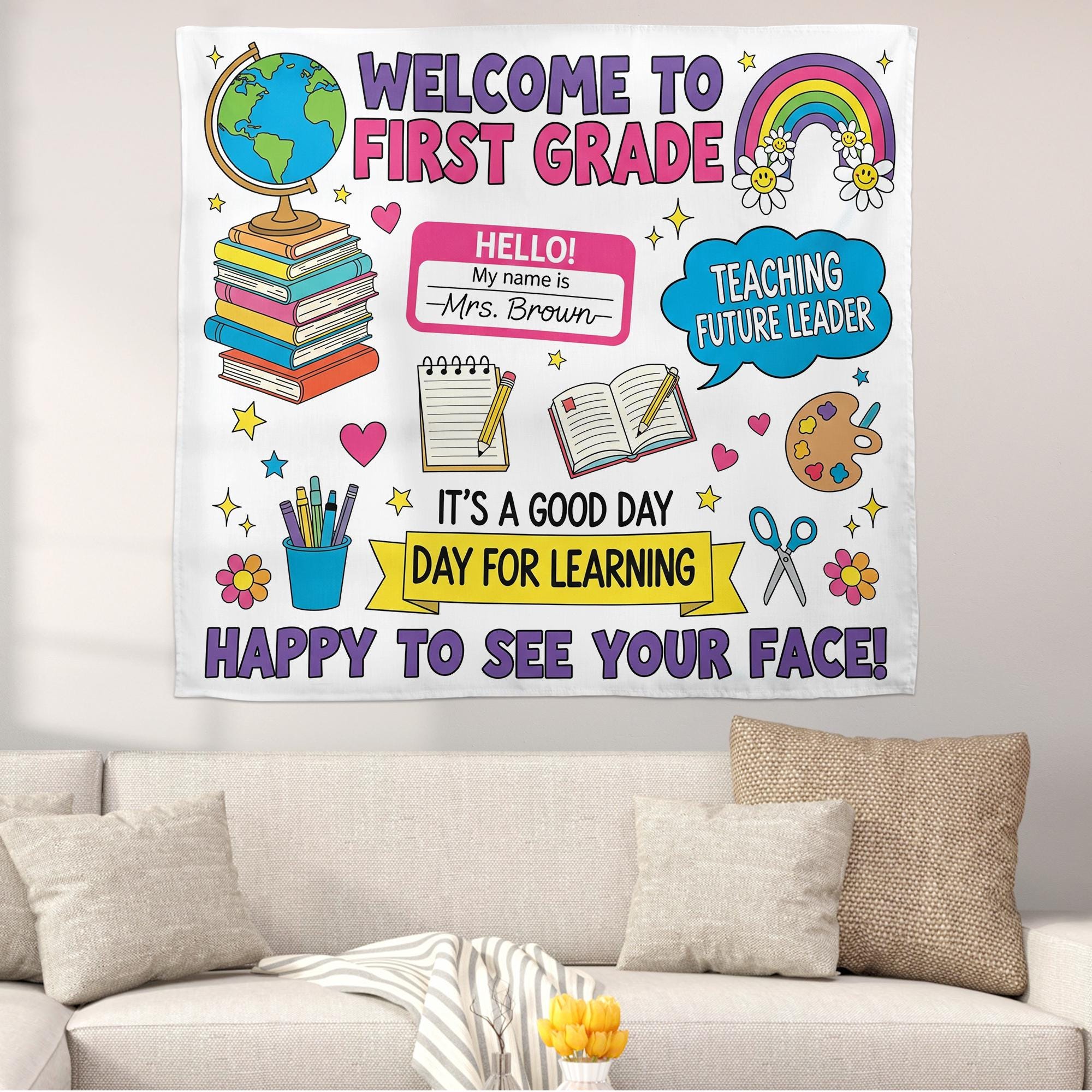 Personalized Welcome to First Grade Tapestry – Personalized Classroom Wall Decor for Teachers – Back to School Sign, Classroom Wall Decor