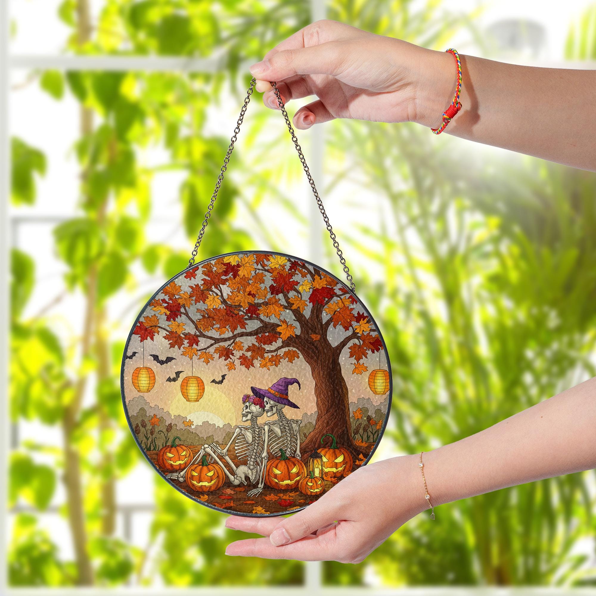 Skeleton Couple Fall Suncatcher – Halloween Pumpkin Window Hanging Autumn Decor