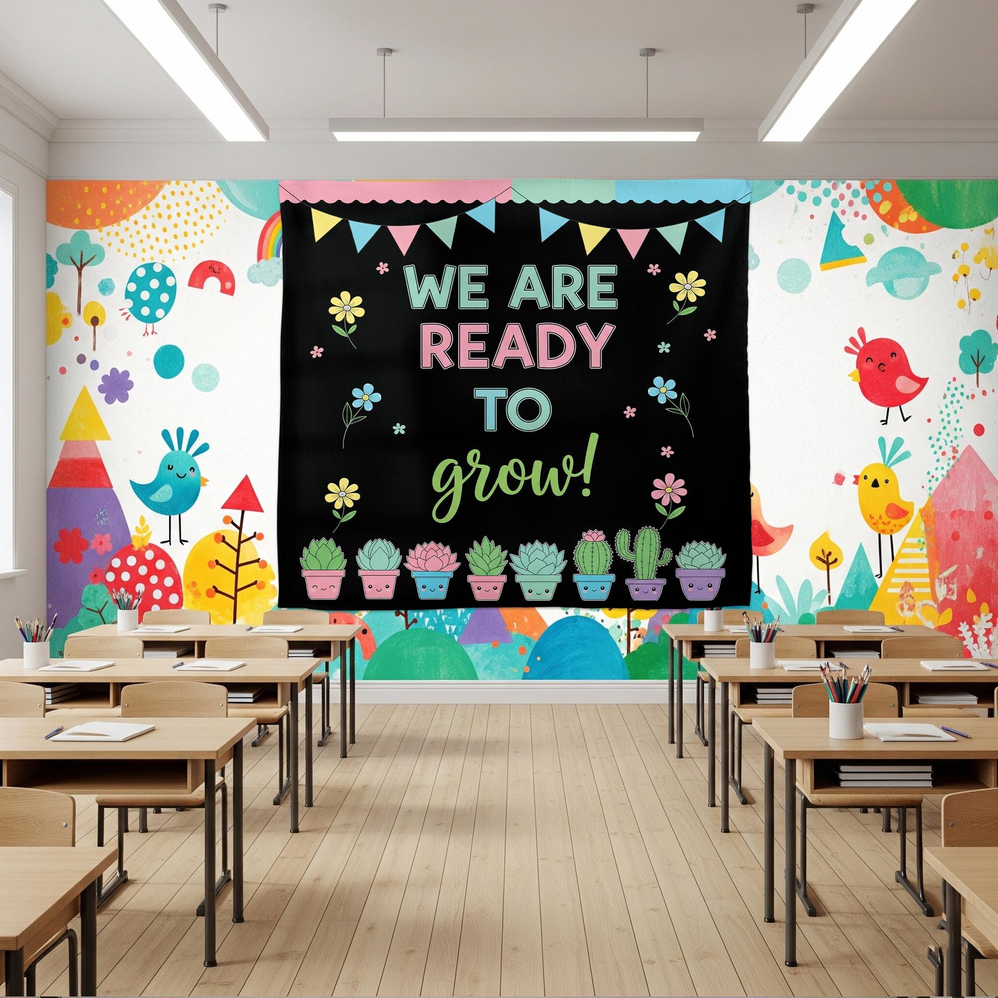 We Are Ready to Grow Tapestry – Cute Succulent Classroom Decor – Back to School Sign – Growth Mindset Teacher Poster, Classroom Tapestry